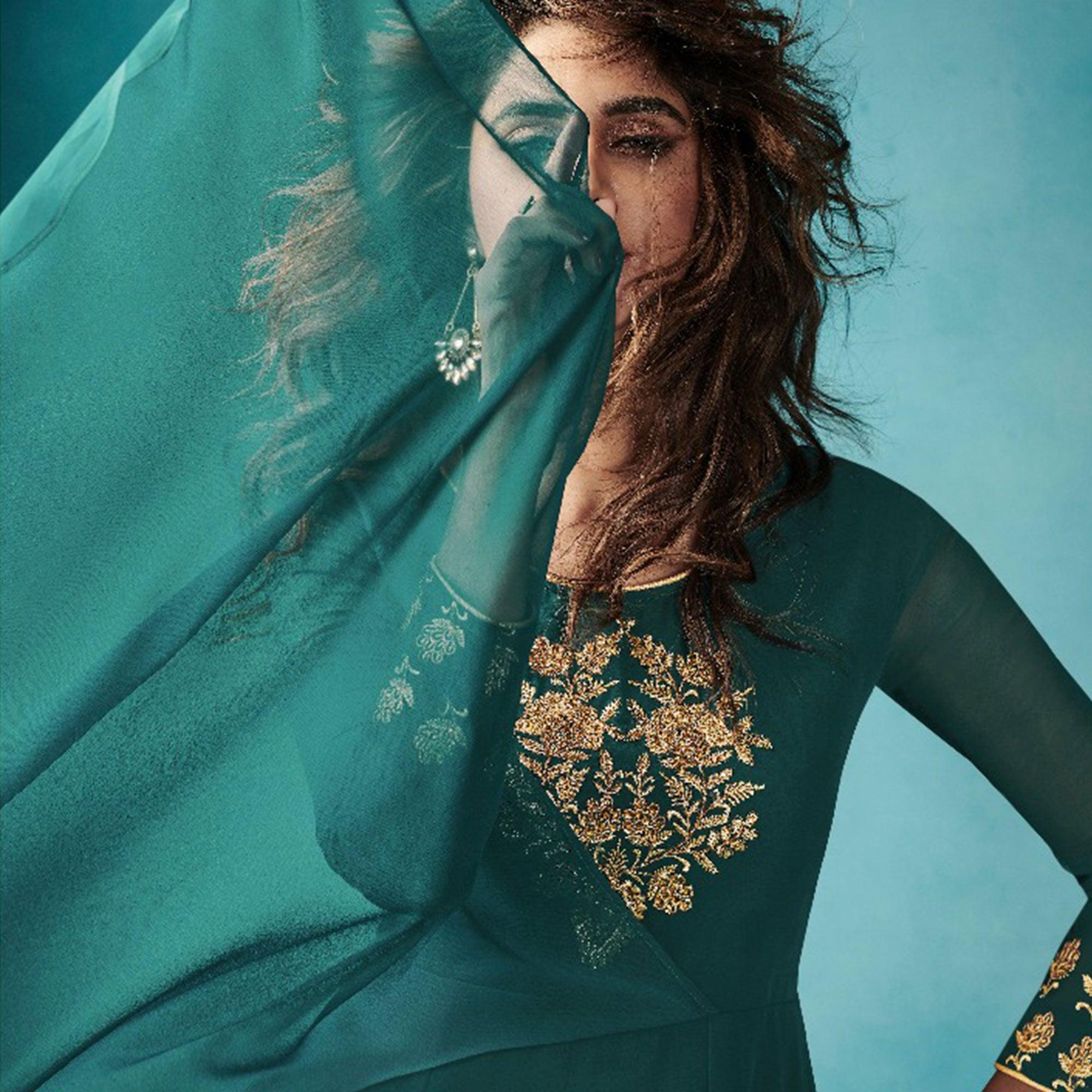 Peachmode Seller Capricious Stone Blue Colored Embroidered Party Wear Faux Georgette Kurti - view 2