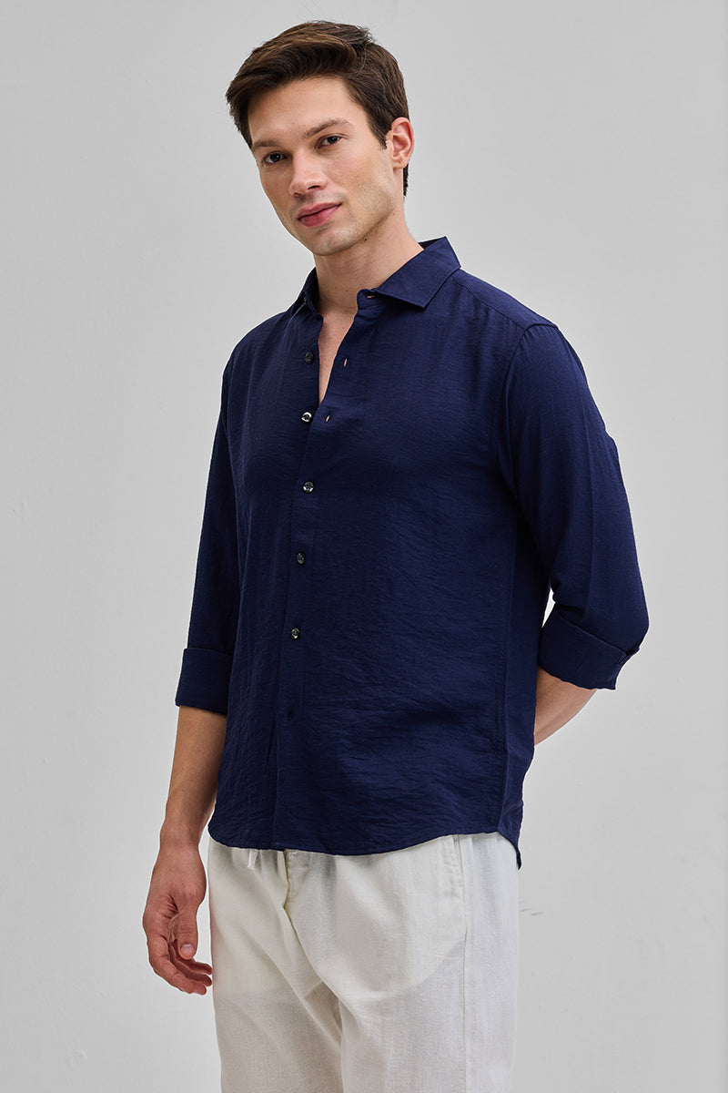SNITCH Navy Textured Linen Blend Shirt