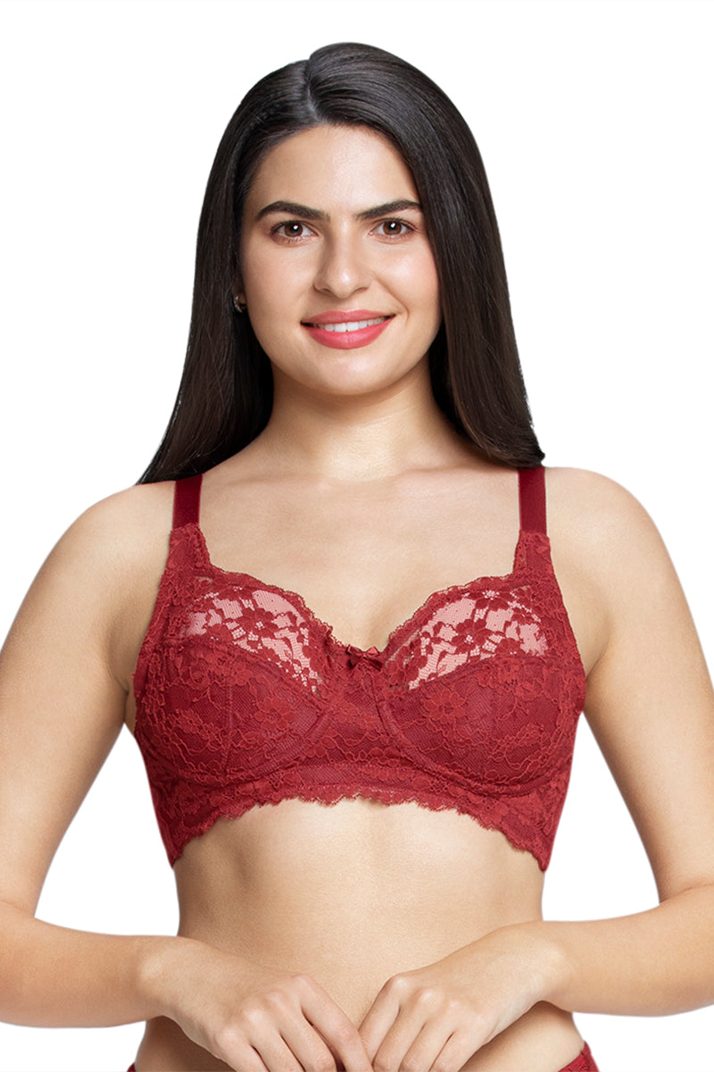 Amante Cotton Lace Support Non Padded Non-Wired Bra - Port Wine