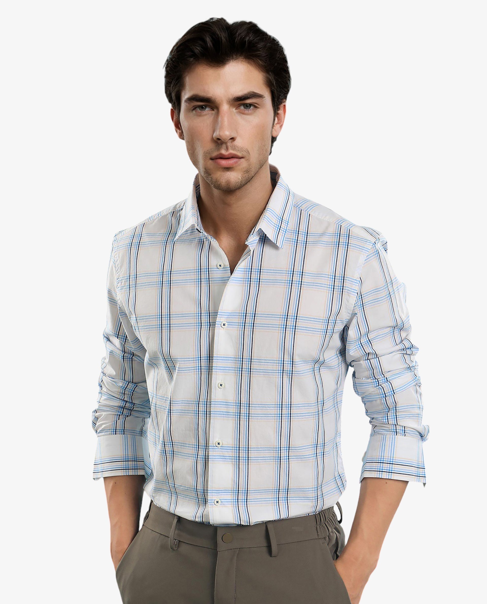 Rare Rabbit Men's Turvo White Cotton Fabric Full Sleeves Checks Shirt