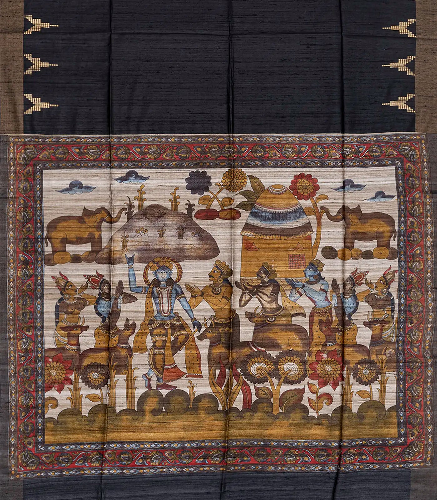 RmKV Black Handloom Plain Dupion Silk Saree With Printed Lord Krishna Motifs-Black - view 2