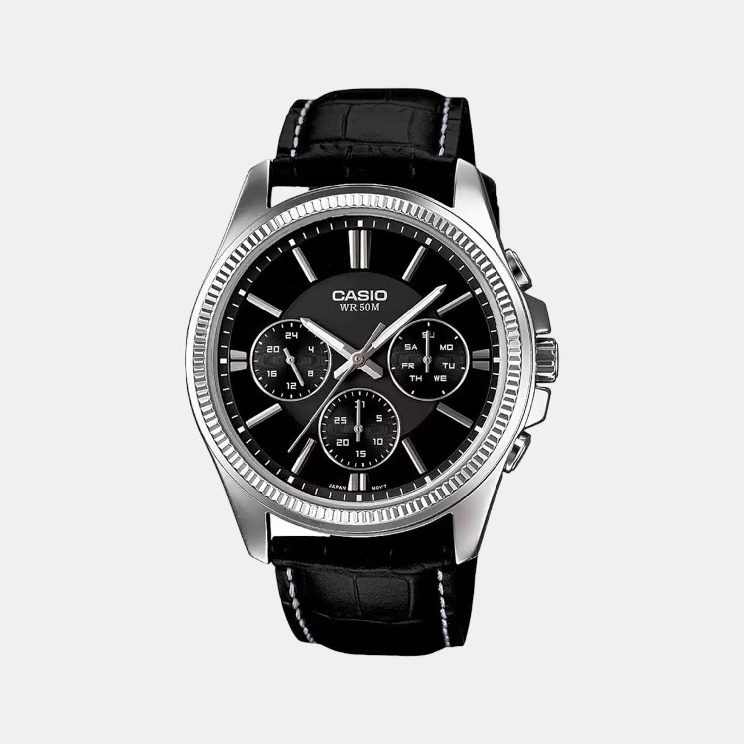 Casio Enticer Men Quartz Black Dial Chronograph Leather Watch A838