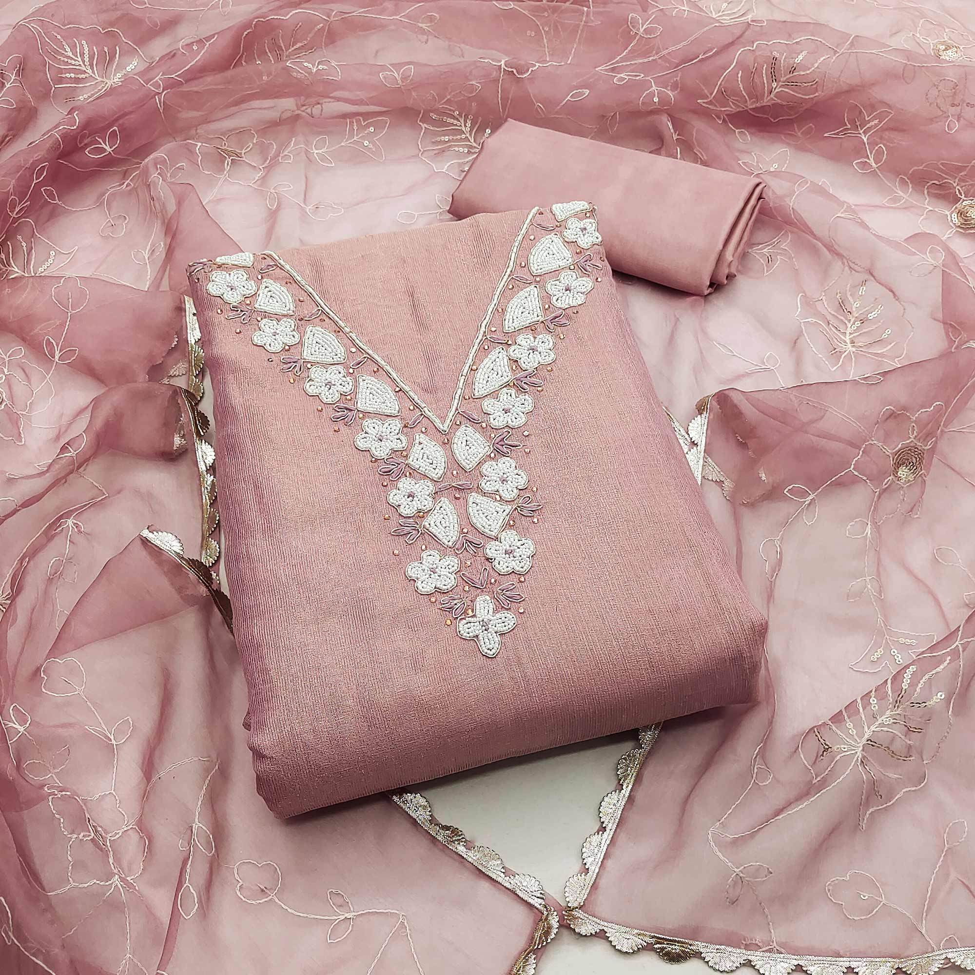 Peachmode Mauve Embroidered Moti Work Pure Cotton Dress Material
