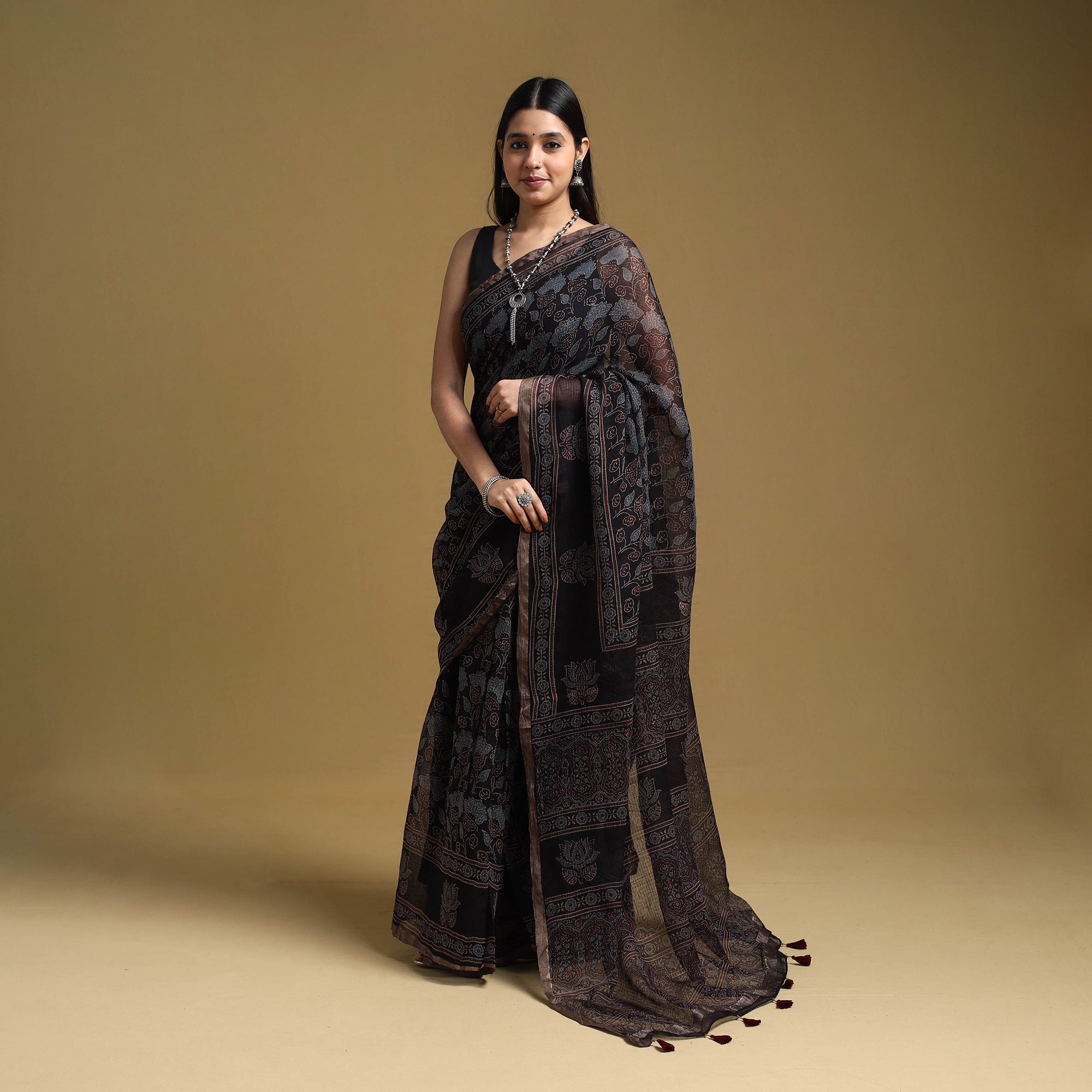 KACHCHH JI CHHAAP Black - Natural Dyed Block Print Kota Doria Cotton Ajrakh Saree 03