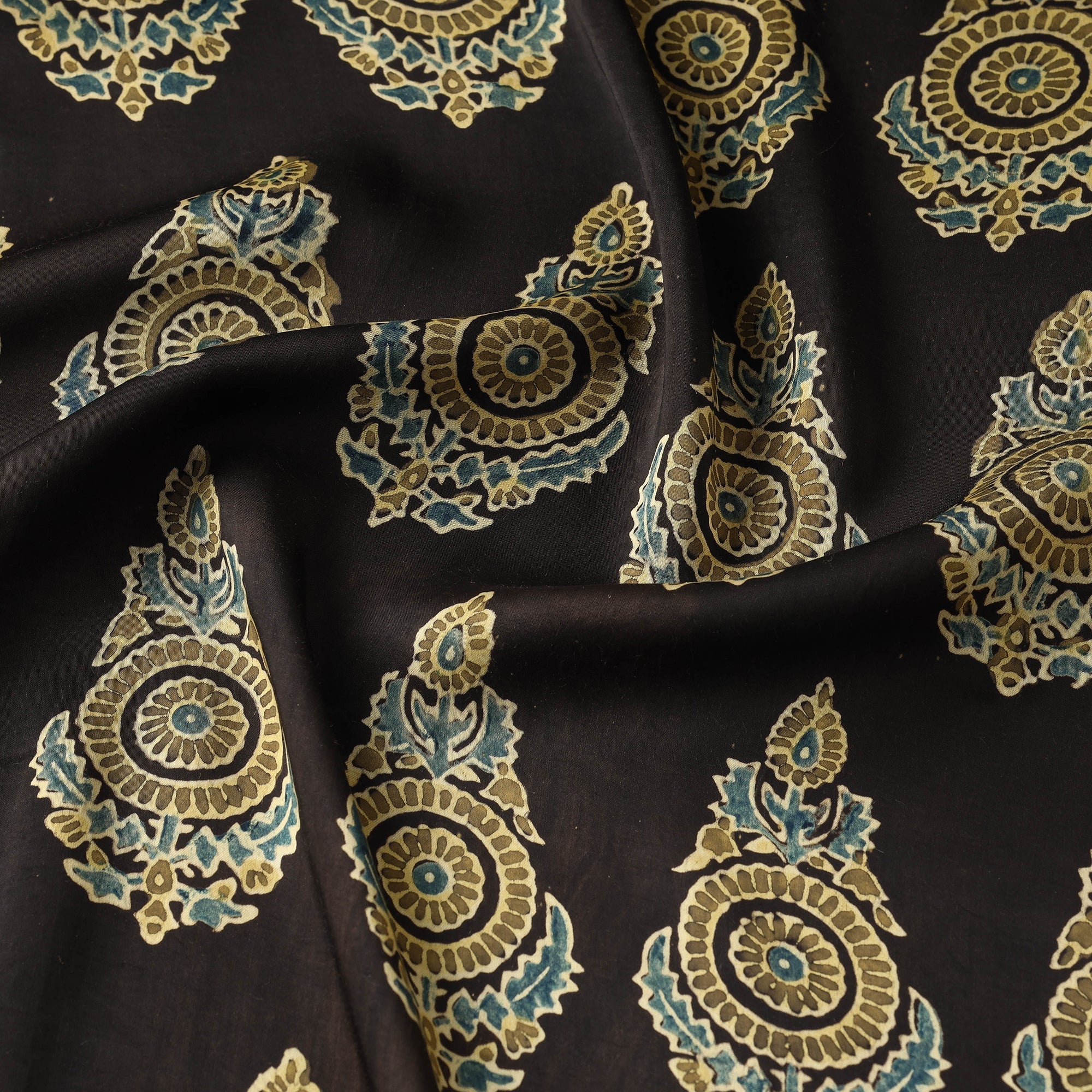 RIYAZ ABDULMAJID KHATRI - AJRAKH Black - Yellow Patterned Butta On Black Ajrakh Hand Block Printed Modal Silk Fabric - view 3