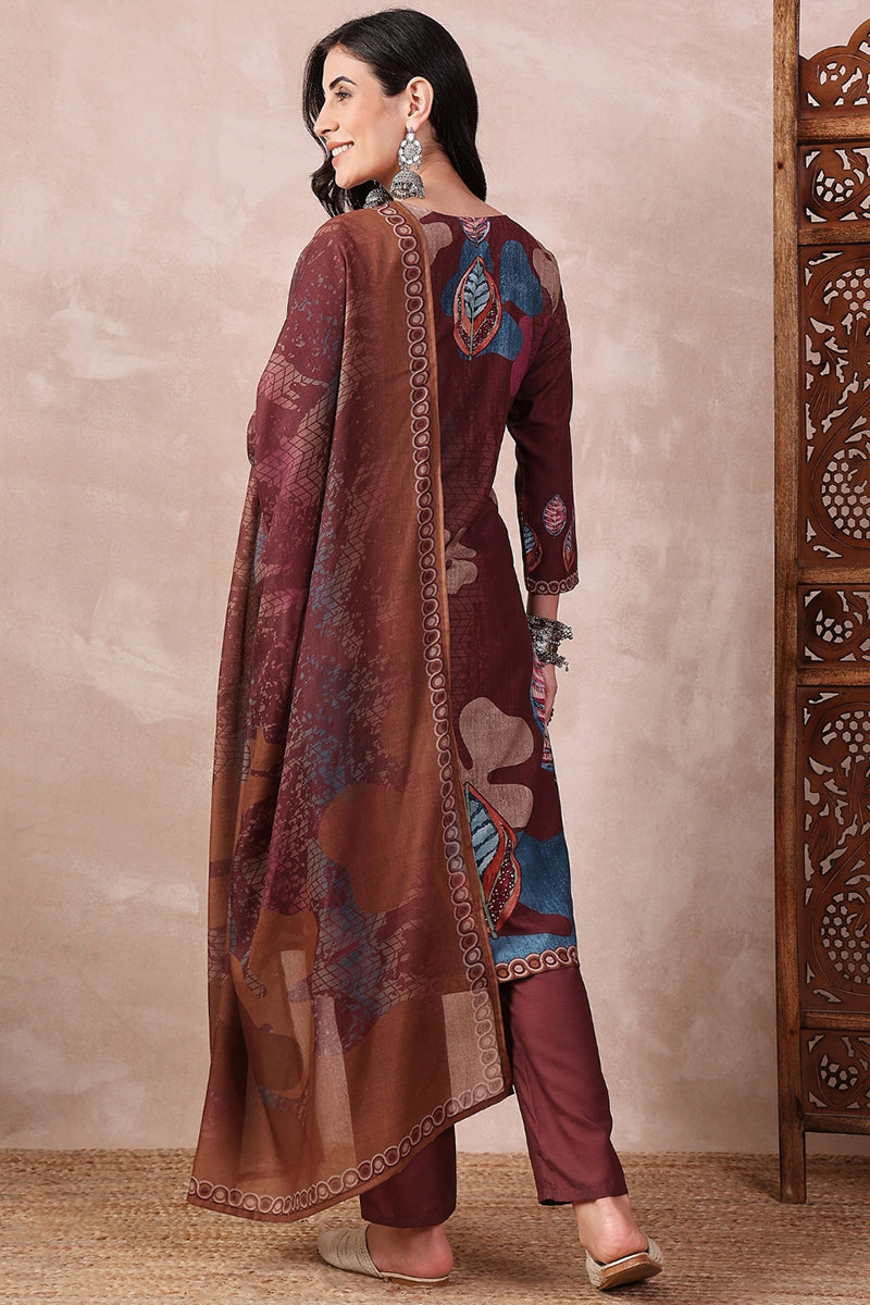 Ahika Brown Rayon Blend Floral Printed Straight Trouser Bottom Suit Set PKSKD2552BRN - view 5
