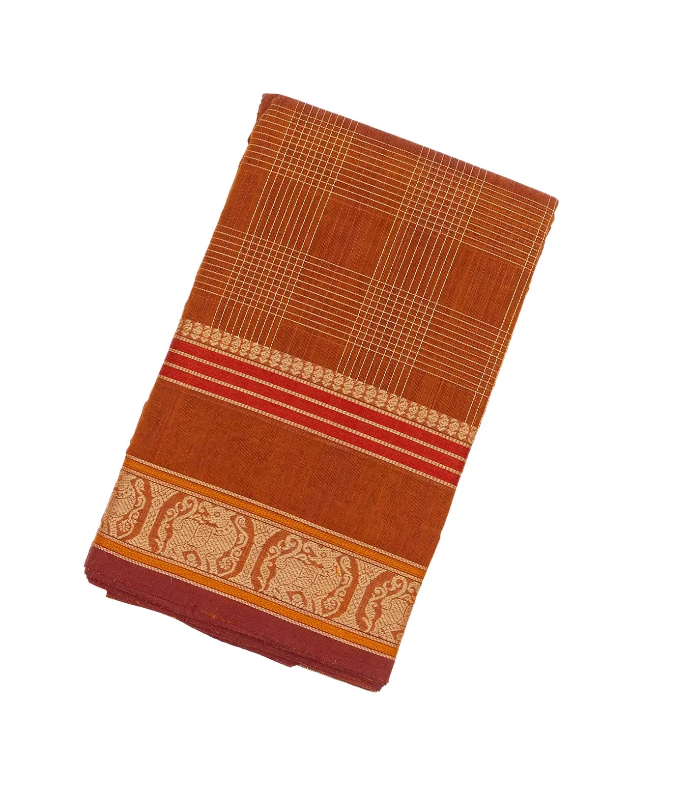 RmKV Rust Handloom Kanchi Cotton Saree With Checks