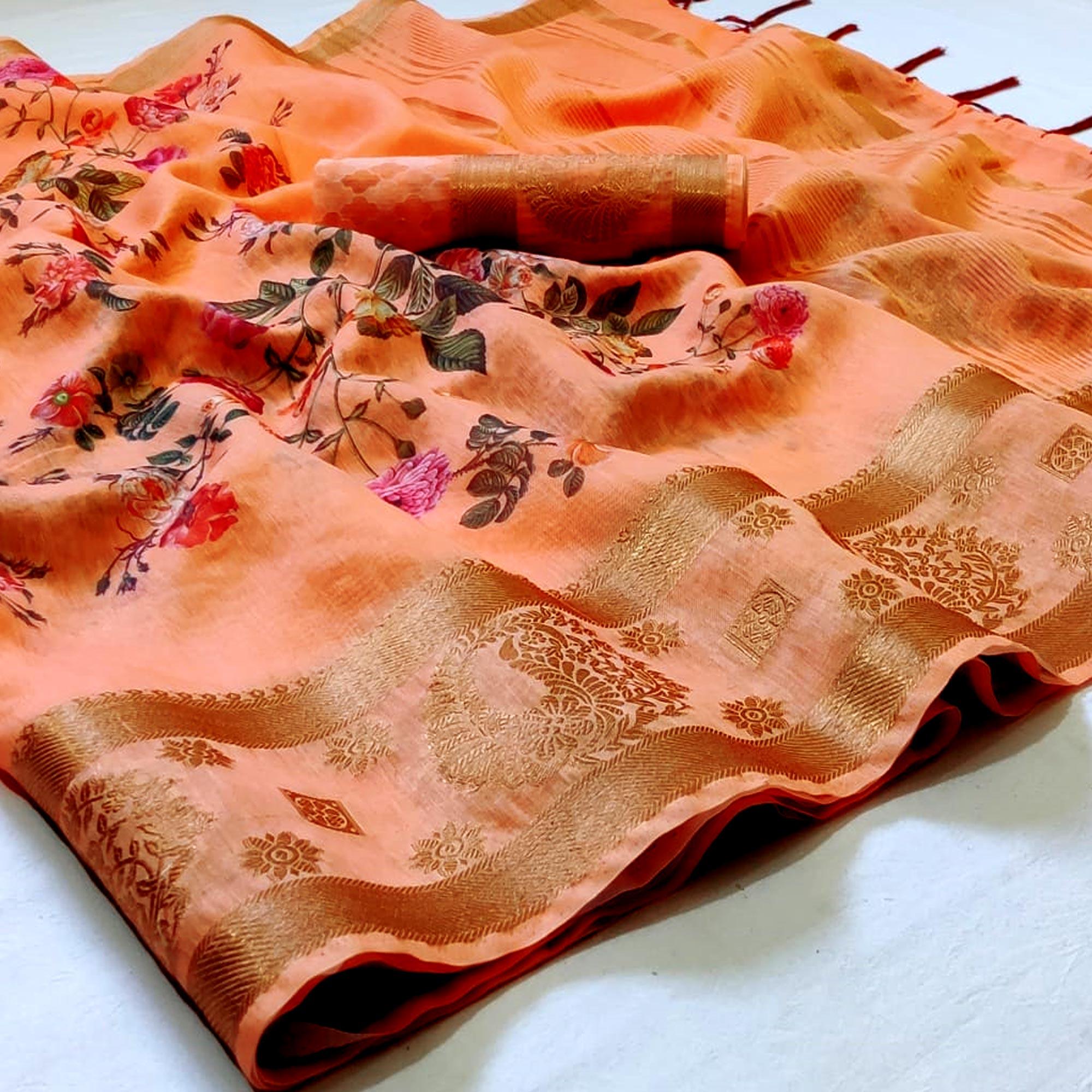 Peachmode Mesmerising Peach Colored Festive Wear Woven Banarasi Silk Saree
