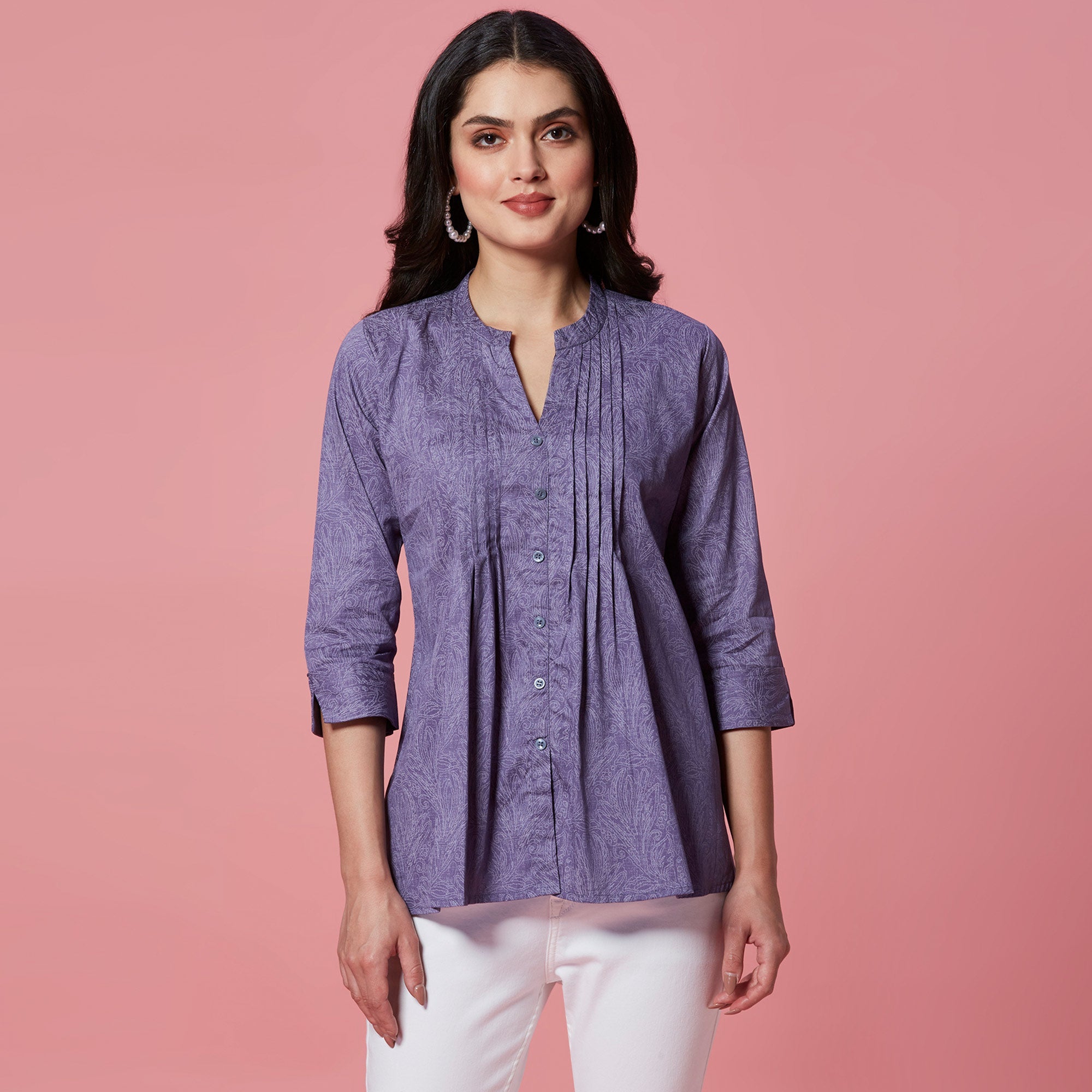 Peachmode Dark Purple Printed Pure Cotton A-Line Top