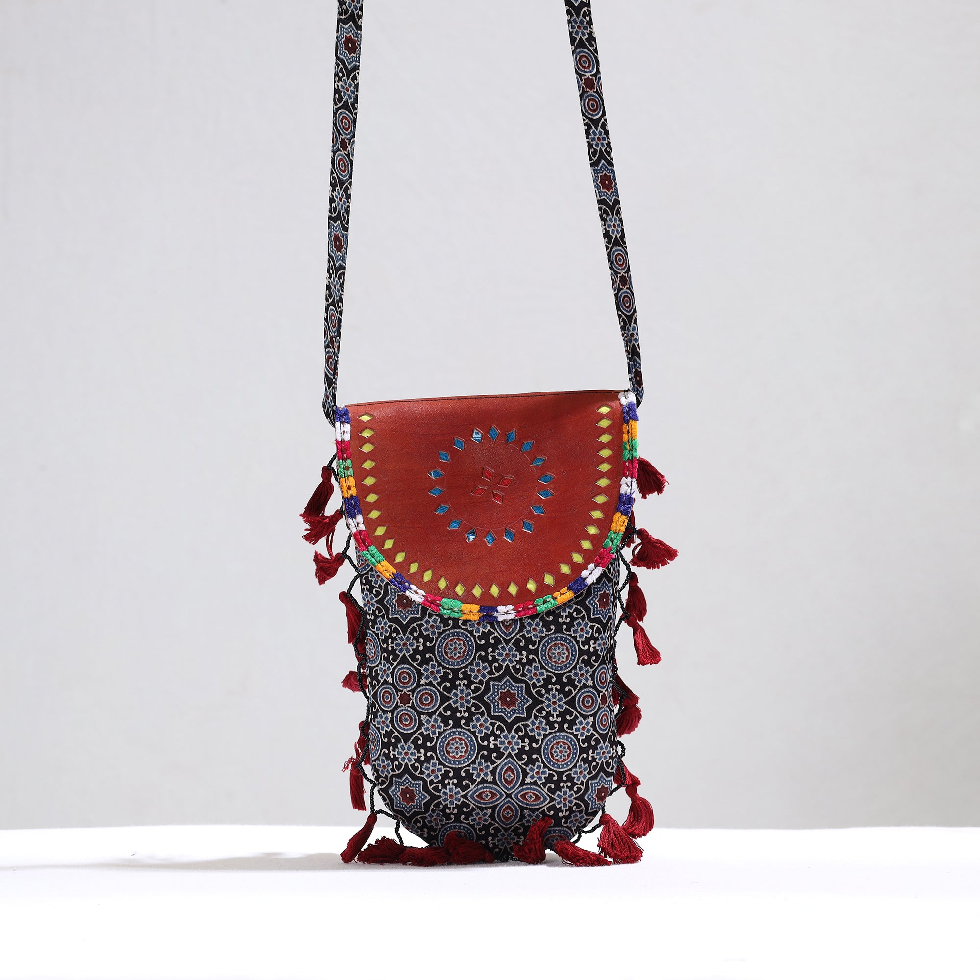 KACHCHH JI CHHAAP Black - Kutch Leather & Mashru Silk Sling Bag with Tassels 29