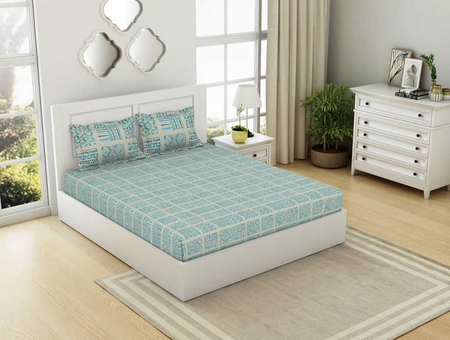 Spaces India Geometric Aruba Blue - Aqua 100% Cotton Double Bedsheet - Geospace By Spaces - view 2