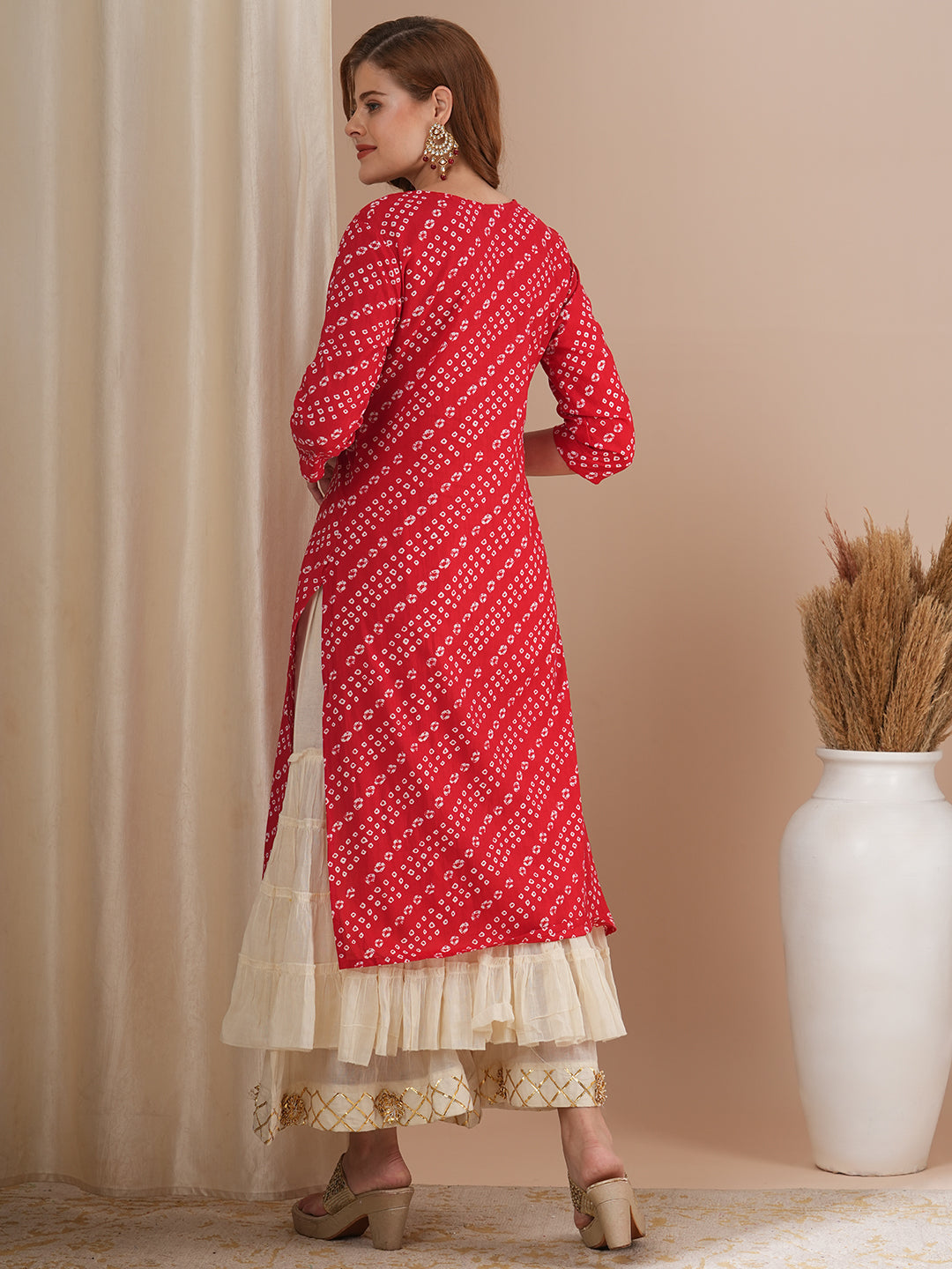 FASHOR Bandhani Printed & Gota Patti Embroidered Straight Fit Kurta - Red - view 6