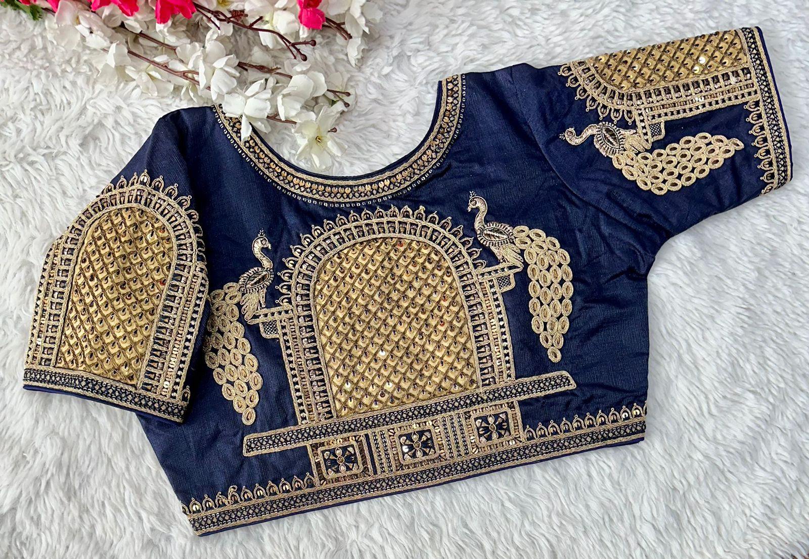 ClothsVilla Blue Watermelon Silk Blouse with Beautiful Cording and Hand-Touched Sequins