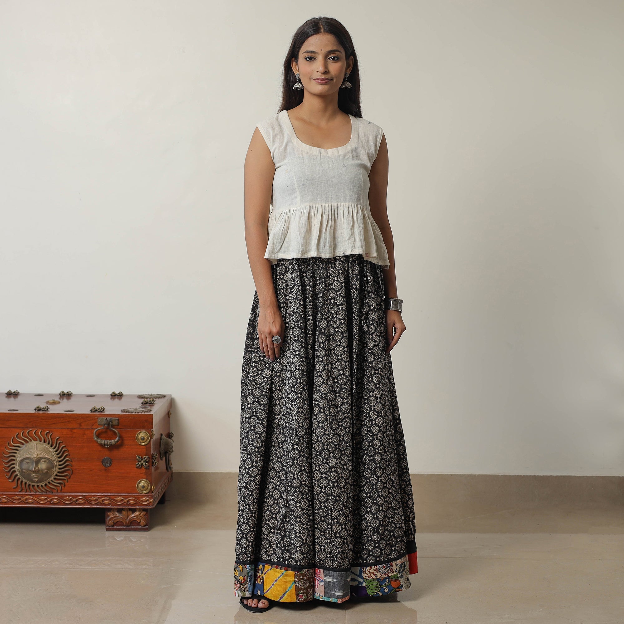 NOORI BAZAR Black - Bagru Block Printed 24 Kali Patchwork Cotton Long Skirt 09