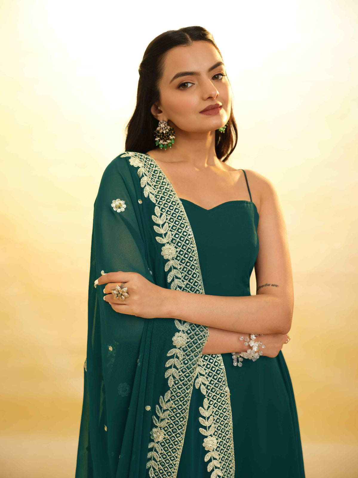ClothsVilla Teal Color Stylish Turquoise Georgette Dress with Embroidery – Ready to Wear - view 7