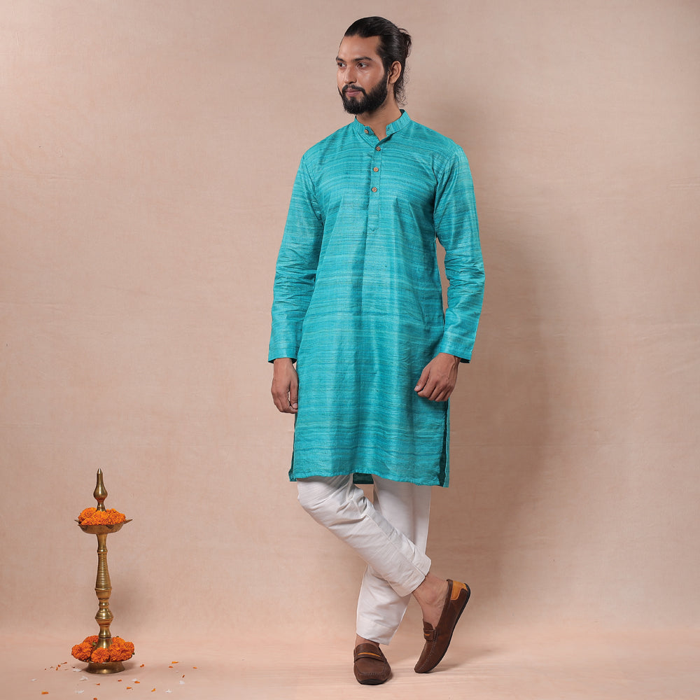 ITOKRI CASUALS Aqua Blue - Men Tussar Ghicha Silk Handloom Long Kurta - view 2