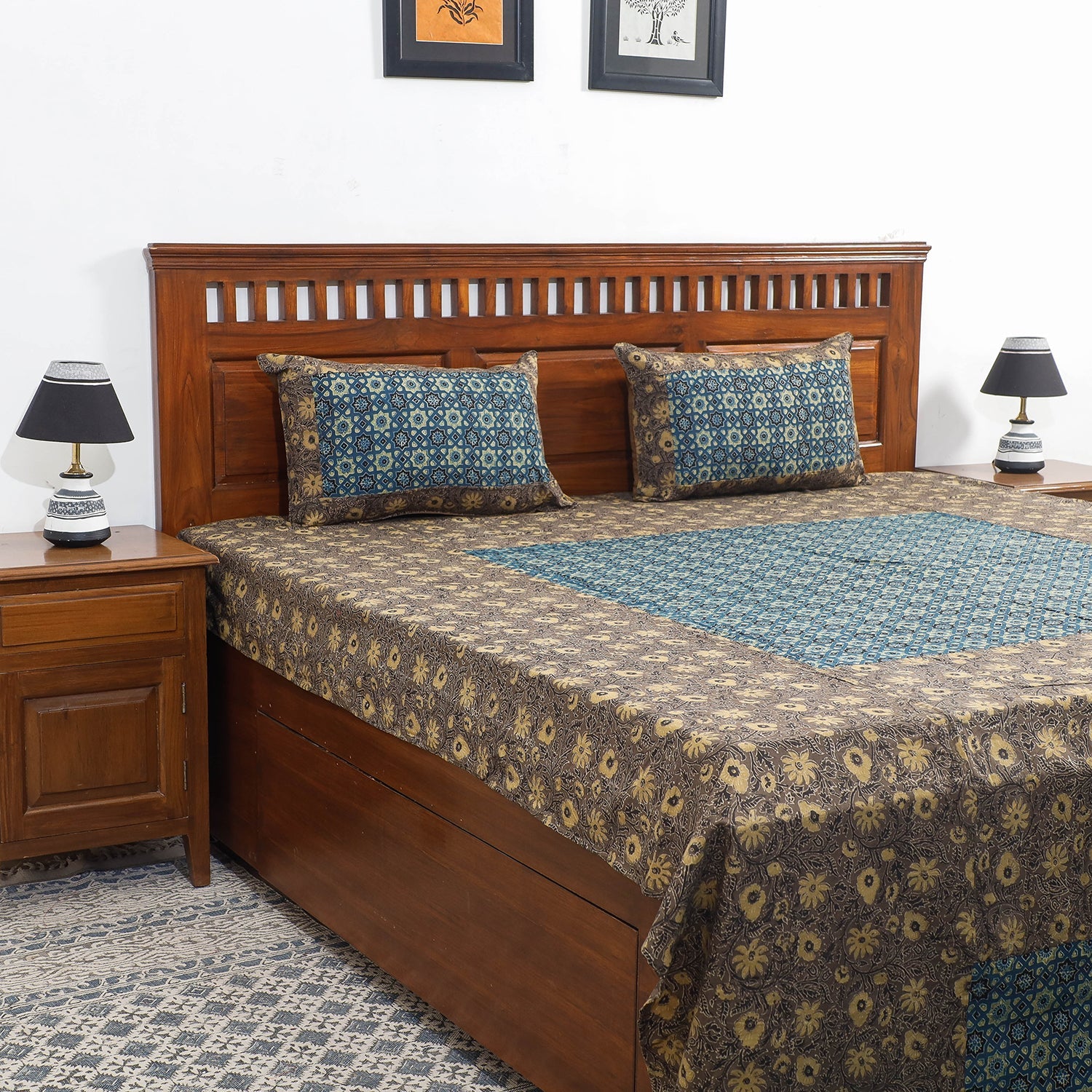 HAVELI CHRONICLES Brown - Ajrakh Patch Tukdi Kaam Cotton Double Bed Cover with Pillow Covers (109 x 86 in)
