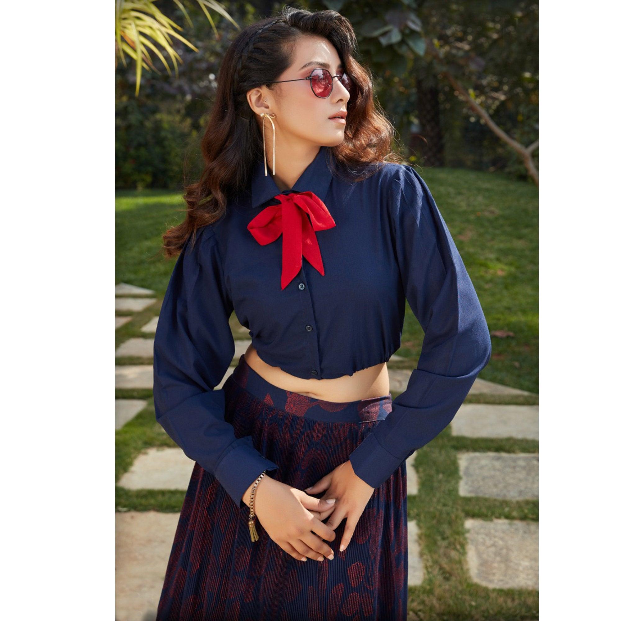 Peachmode Seller Jazzy Navy Blue Colored Casual Wear Printed Western Crop Top - Skirt Set - view 2