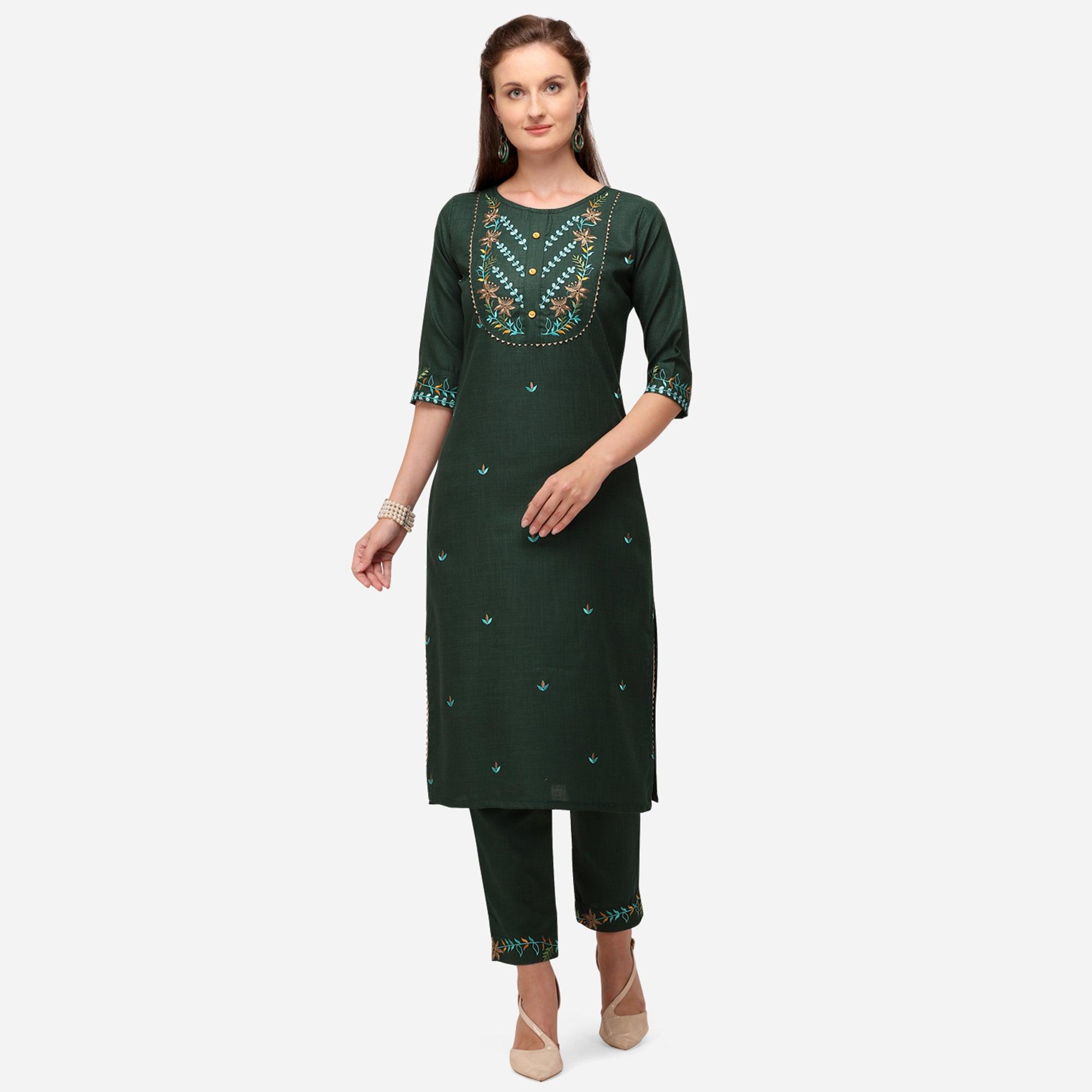 Peachmode Seller Bottle Green Casual Wear Floral Embroidered Cotton Kurti Pant Set