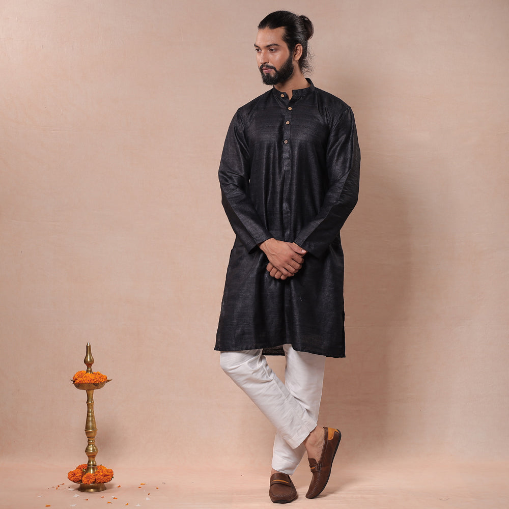 ITOKRI CASUALS Black - Men Tussar Ghicha Silk Handloom Long Kurta - view 2