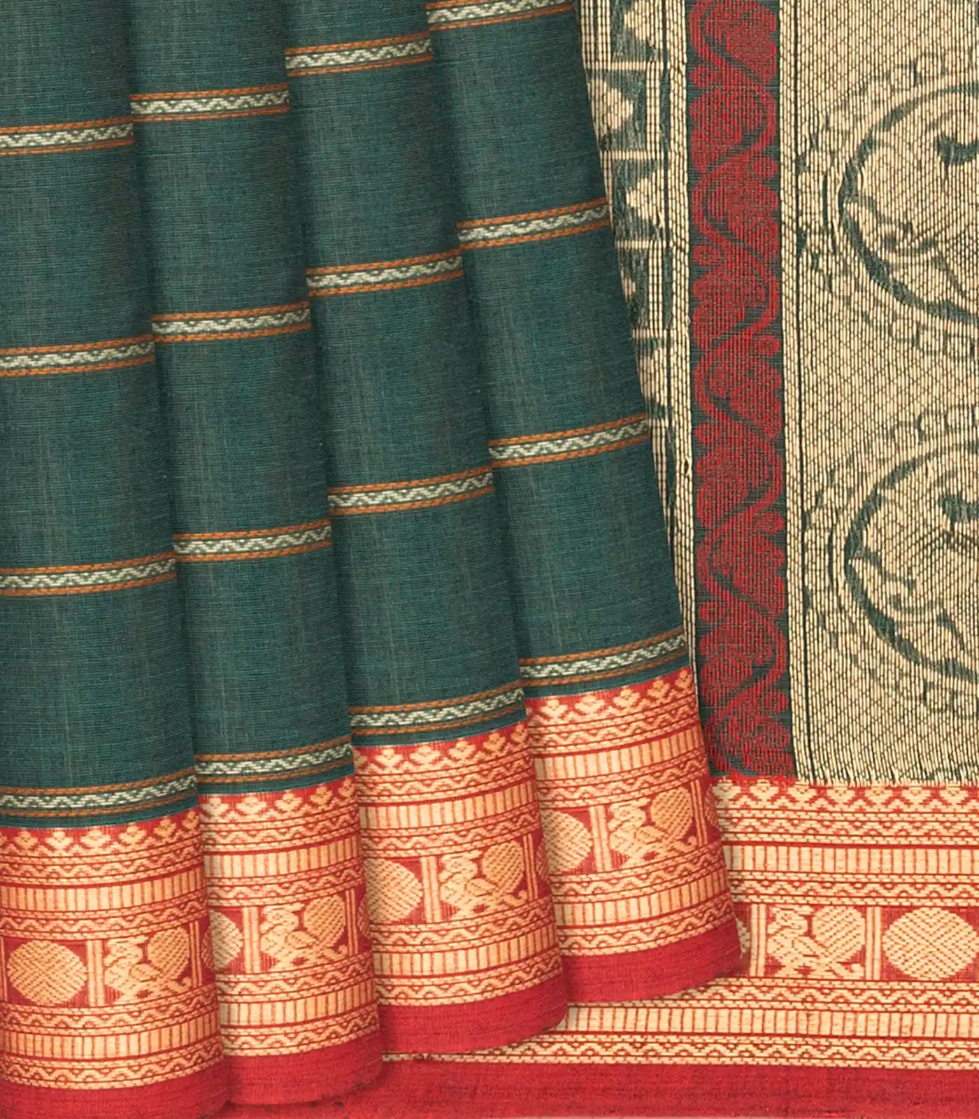 RmKV Dark Green Handloom Village Cotton Saree With Stripes and Animal motifs-Dark Green