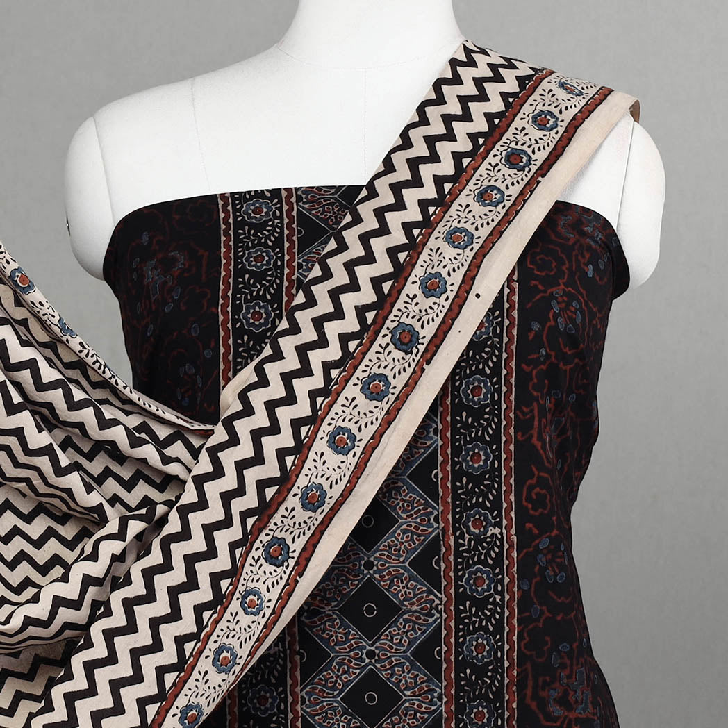 AJRAKH BY JABBAR KHATRI Black - 3pc Ajrakh Block Printed Cotton Suit Material Set - view 3