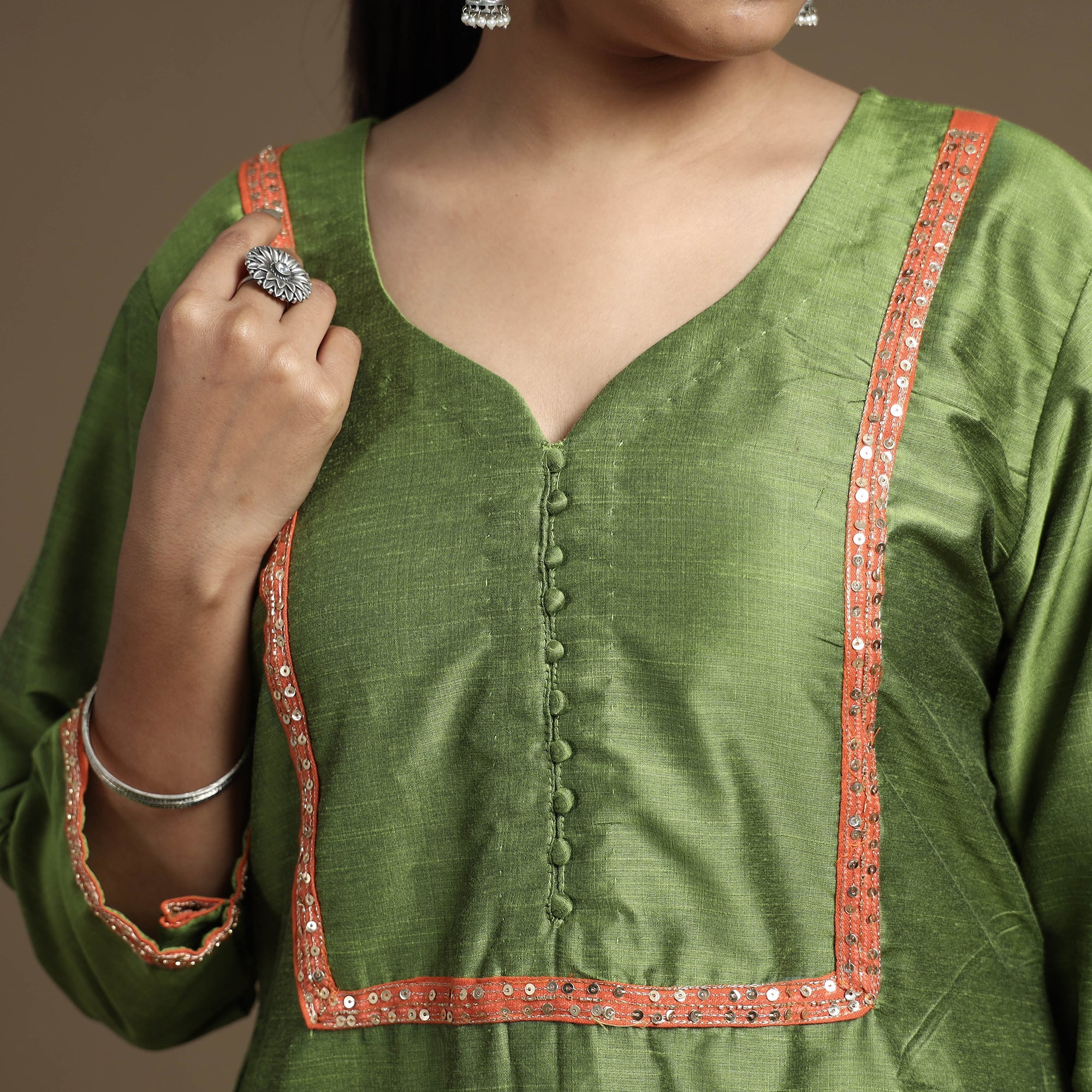 ITOKRI CASUALS Apple Green - Plain Solid Slub Silk A-Line Kurta with Beadwork Hand Embroidery Lace - view 4