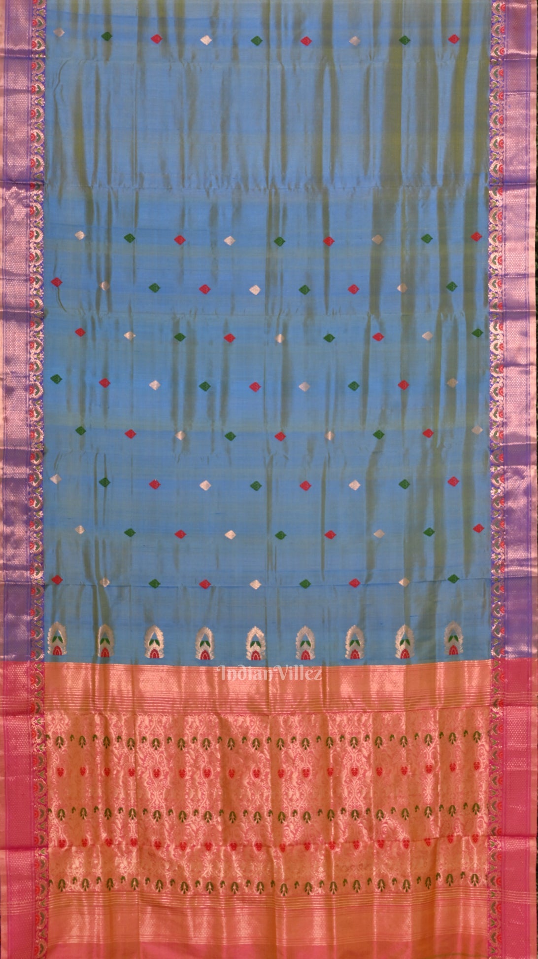 IndianVillèz Sky Blue Handwoven Baluchari Silk Saree