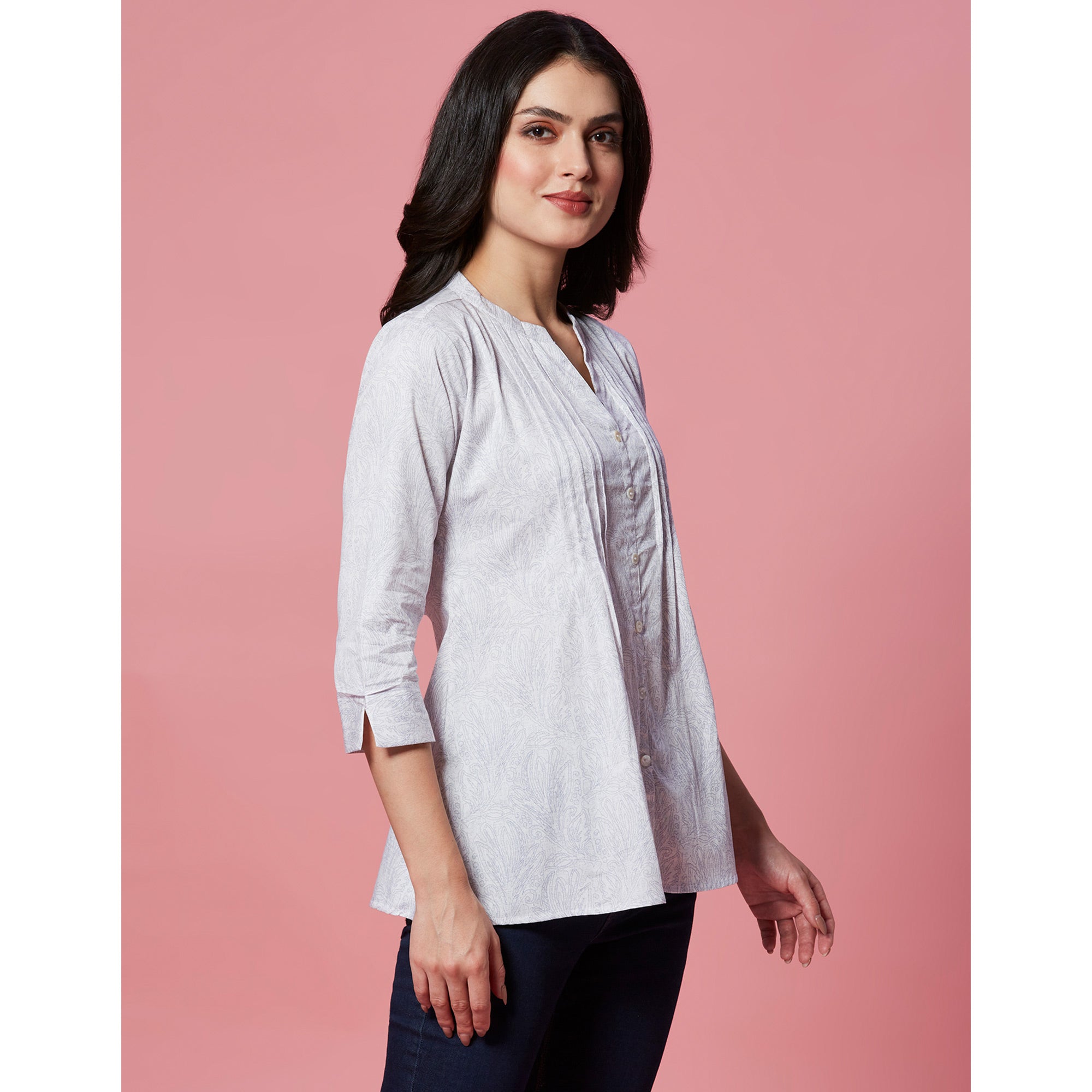 Peachmode White Printed Pure Cotton A-Line Top - view 5