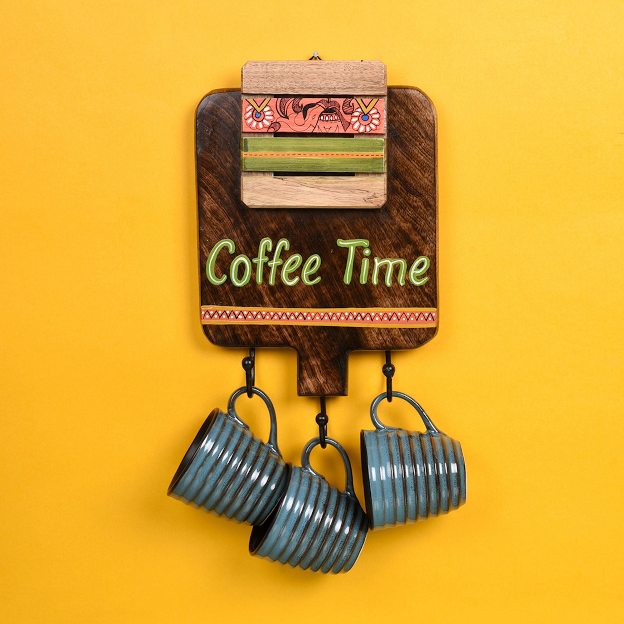 Mounted 3 mugs – ART CREATIONS BY SUMAN SONTHALIA Brown - Cup Holder Handcrafted Wall Mounted & 3 Mugs (Set of 4) (7x1.5x11)