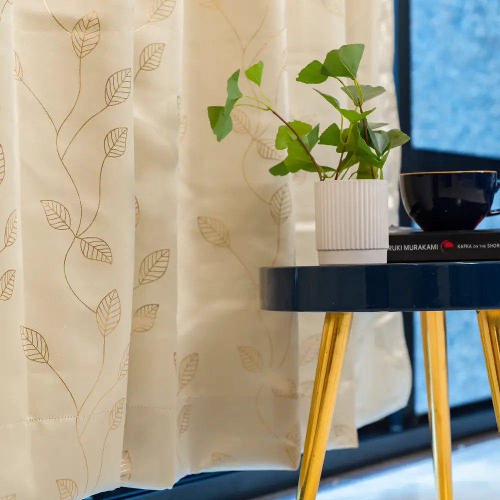 Urban Space -Home Furnishing Store Gold Foil Printed 80-85% Blackout Curtains - Pack of 1 - Leaf- Beige