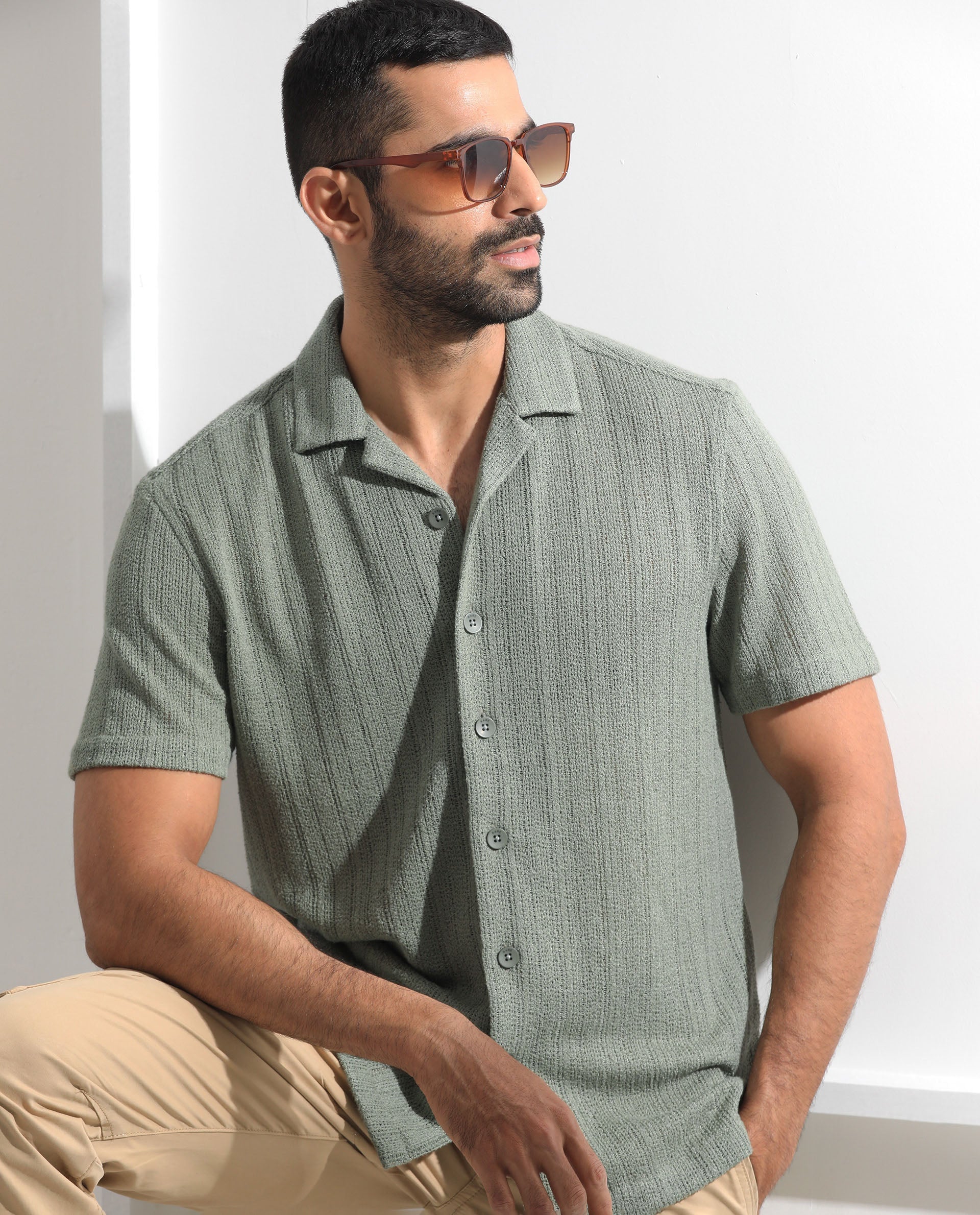 Rare Rabbit Mens Reach Pastel Green Shirt Cotton Viscose Fabric Collared Neck Half Sleeve Button Closure Comfortable Fit