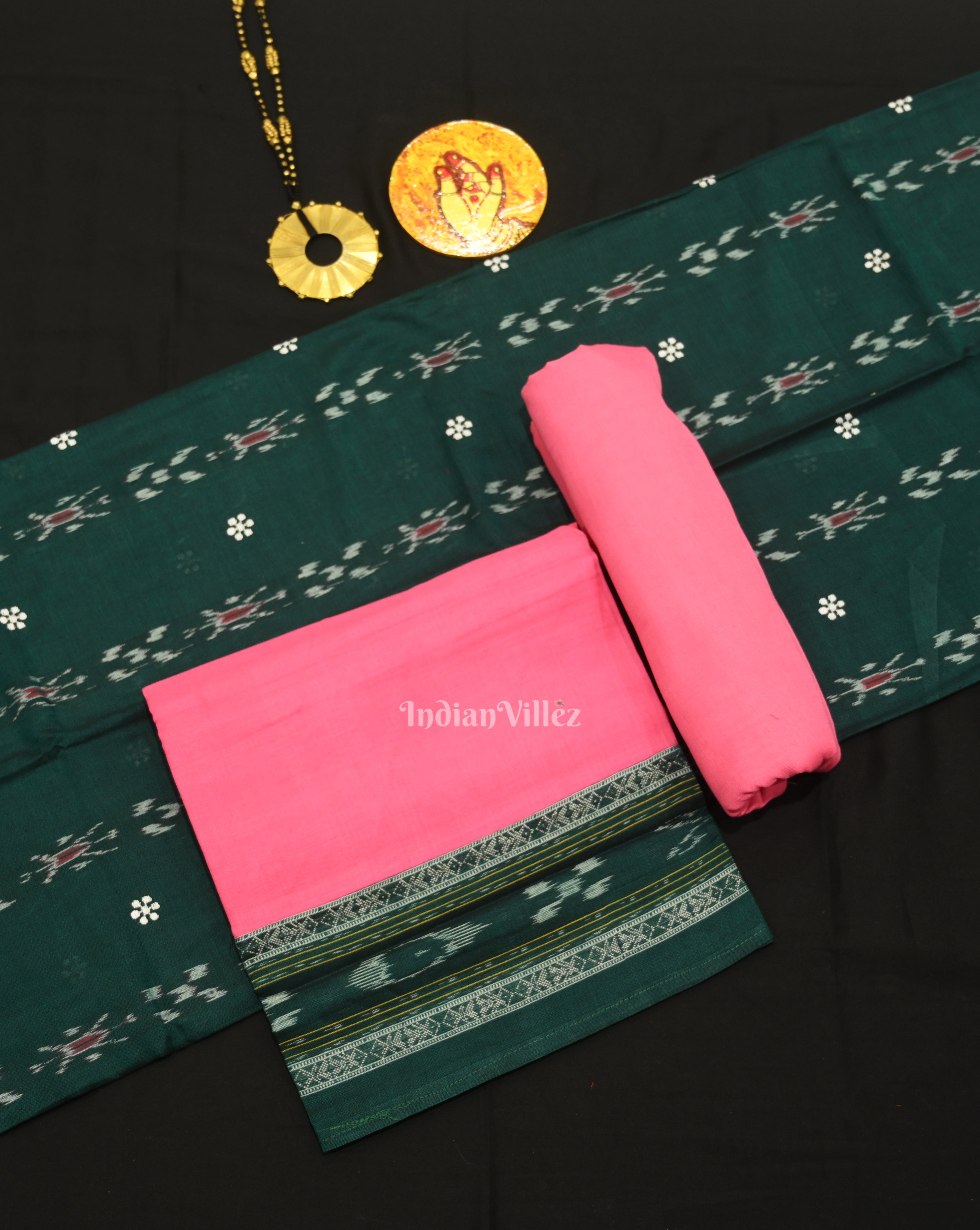 IndianVillèz Green Pink Flower Buti Odisha Ikat Sambalpuri Dress Set & Dupatta