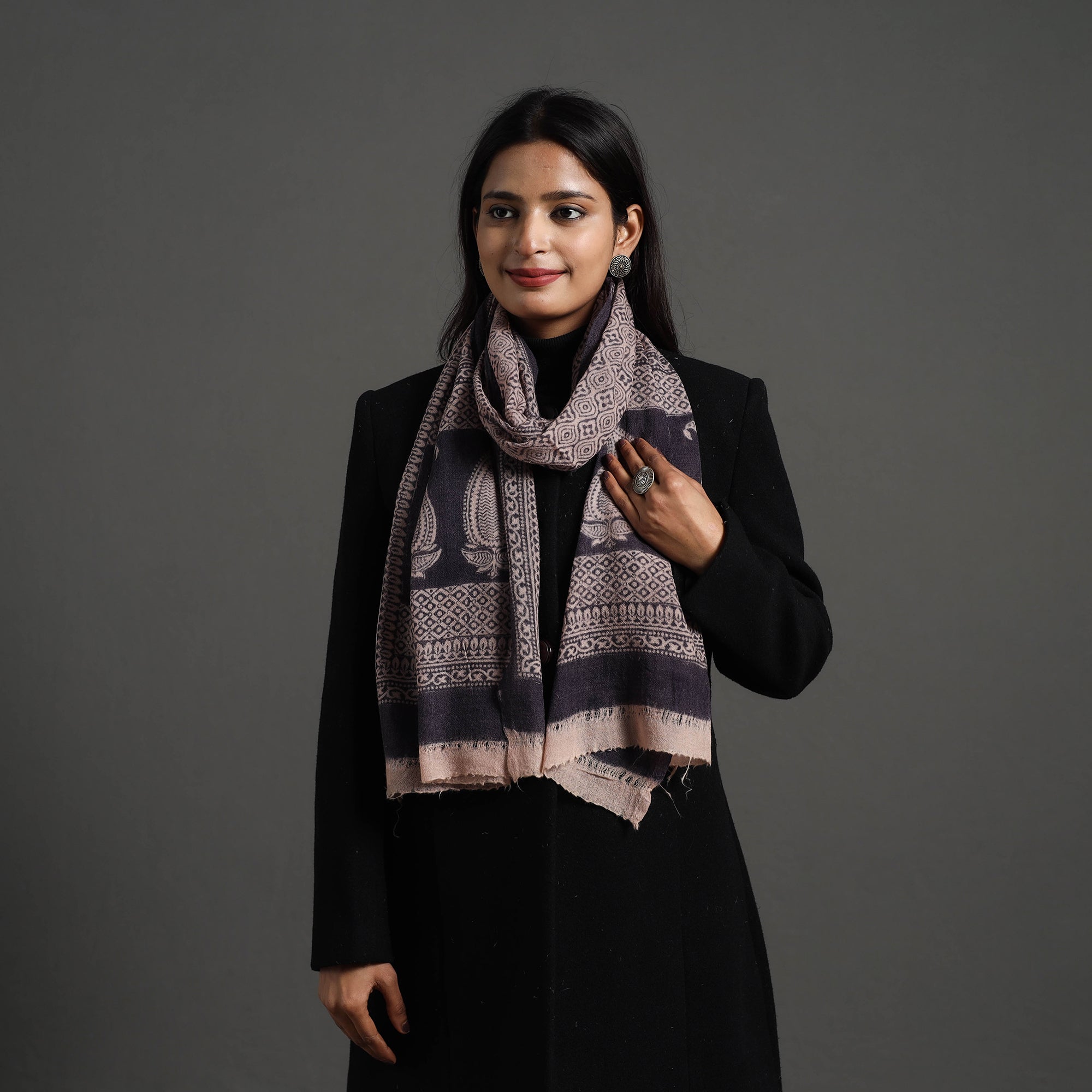 BAGH PRINTS BY UMAR FARUK KHATRI Black - Bagh Hand Block Printed Woollen Stole 17