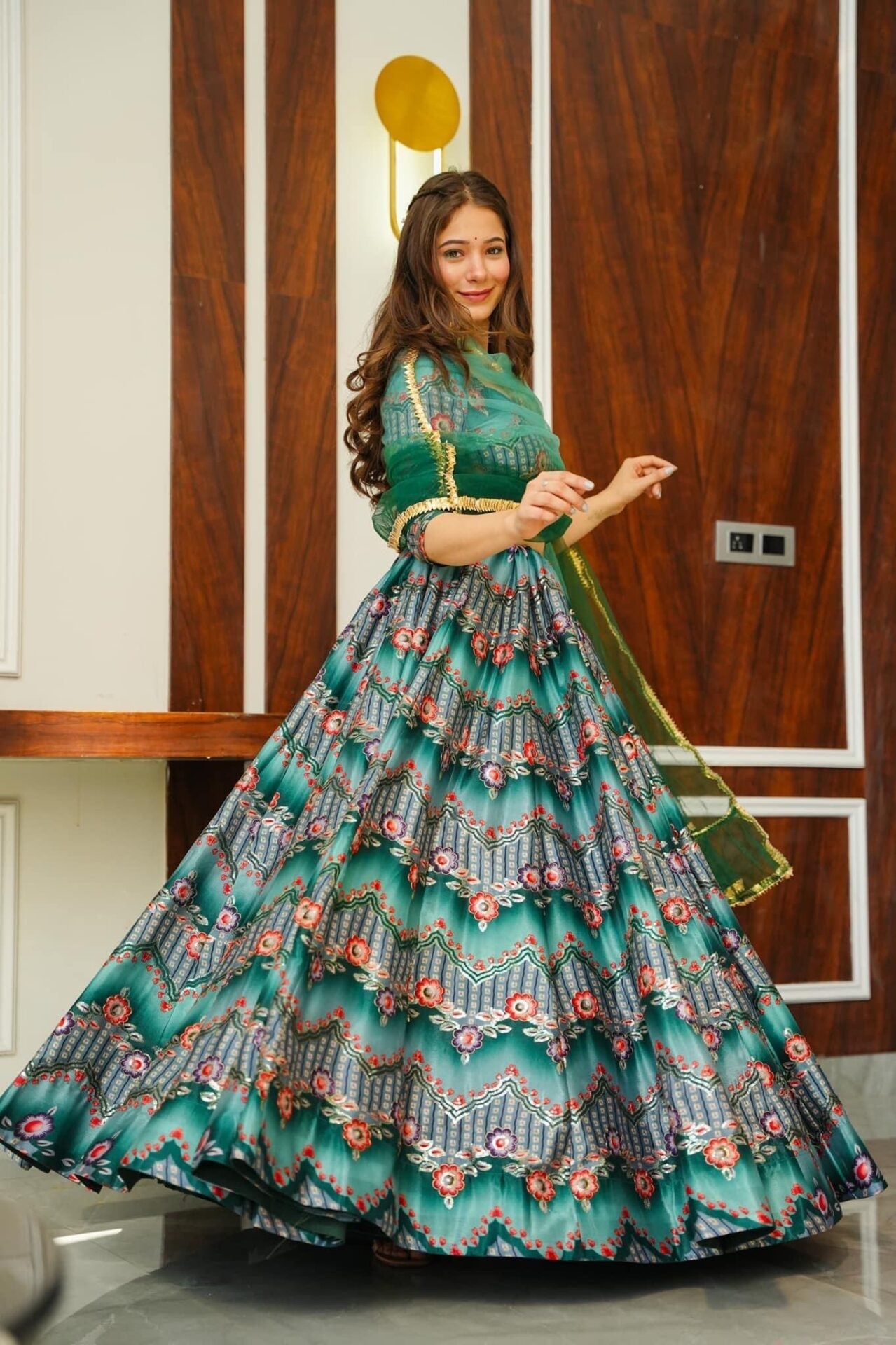 Idaho-o Green silk embroidered lehenga choli set