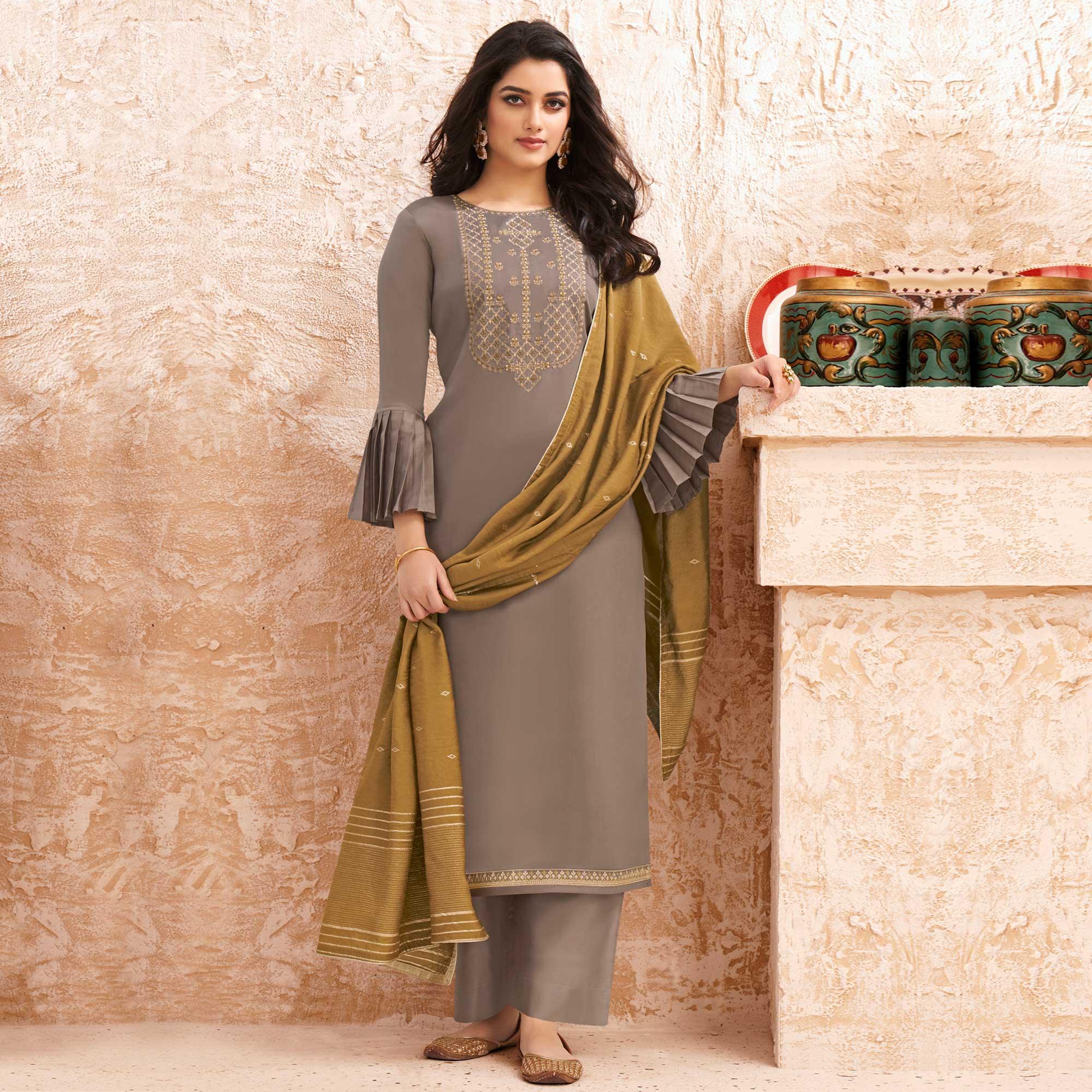 Peachmode Grey Partywear Embroidered Jaam Silk Suit