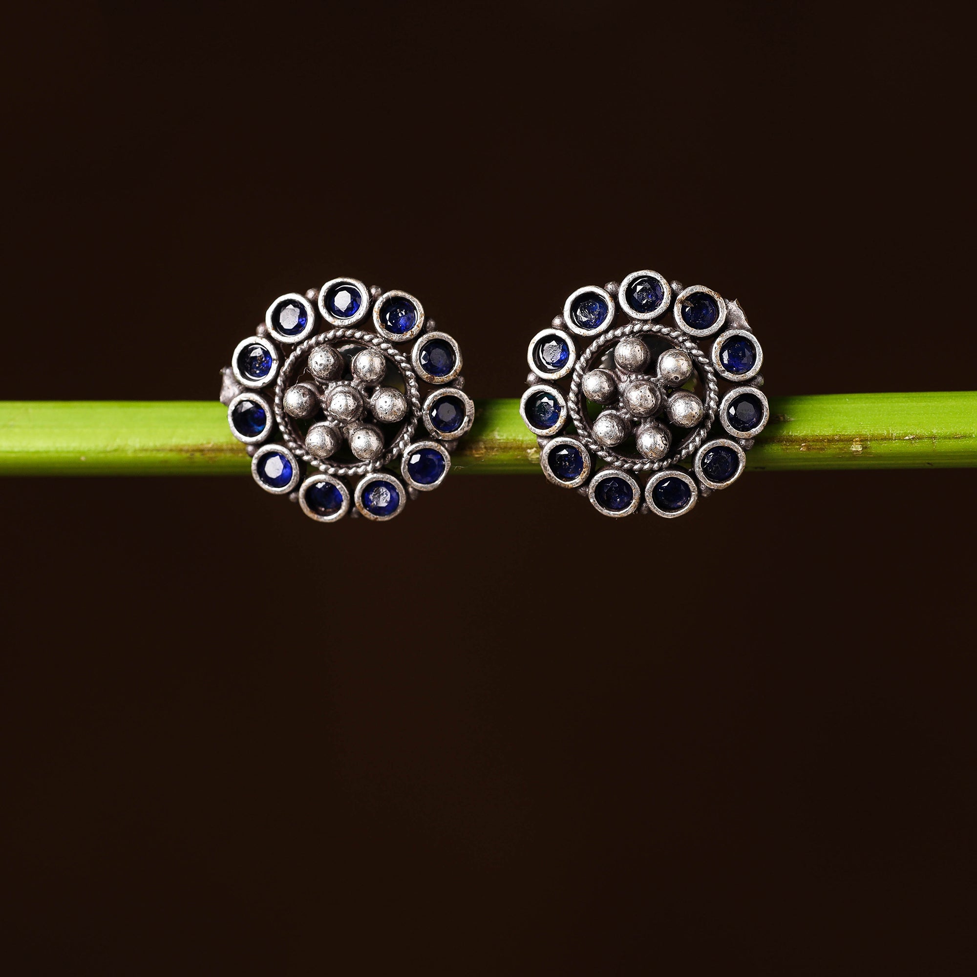 WHITE RIVER STORIES Antique Silver Finish Oxidised Brass Base Stone Work Stud Earrings