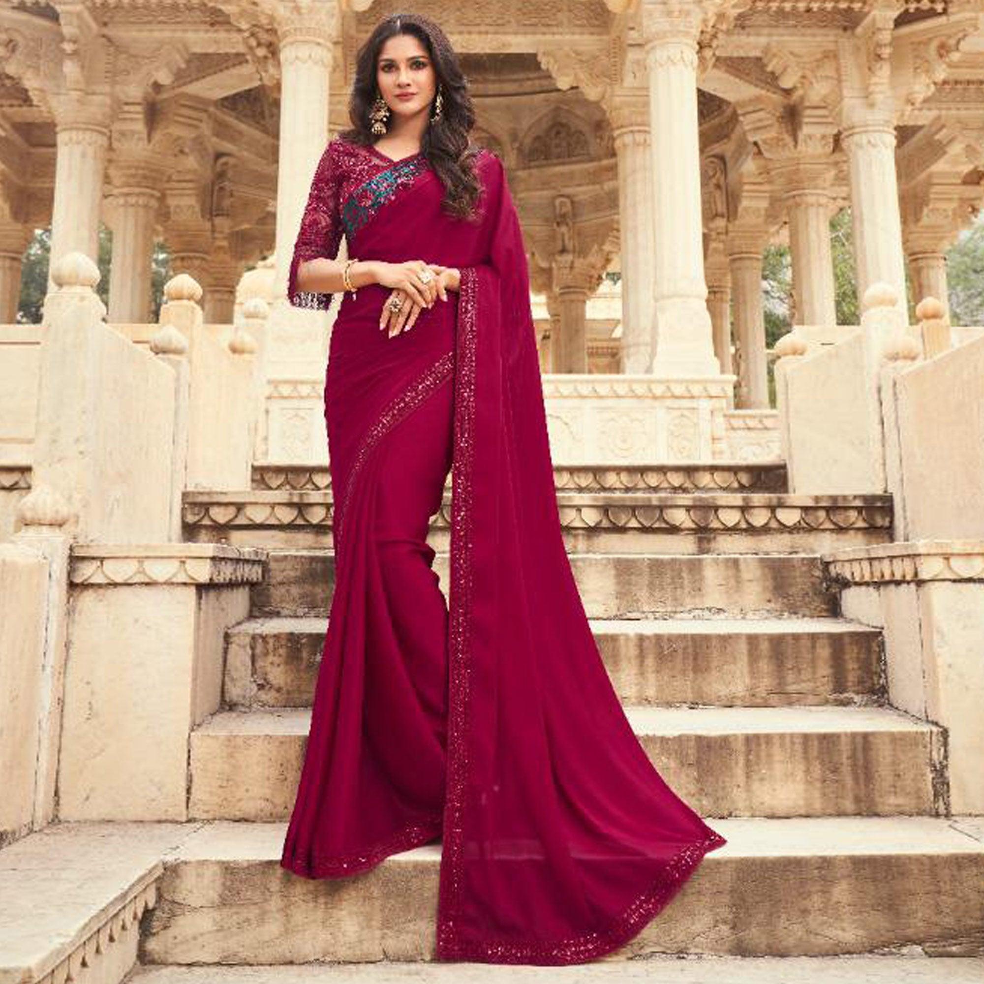 Peachmode Dark Red Floral Sequins Embroidered Art SIlk Saree - view 2