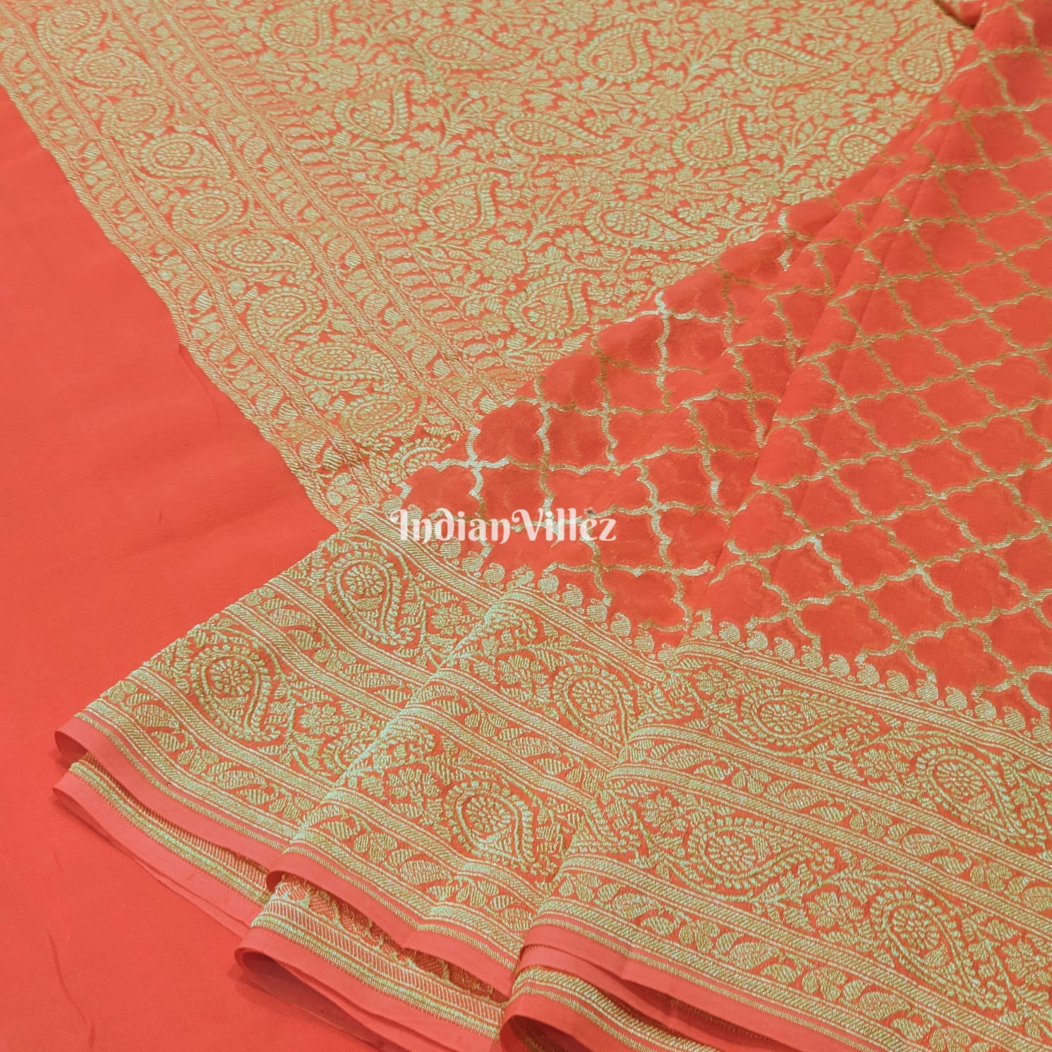 IndianVillèz Orange Banarasi Khaddi Georgette Saree