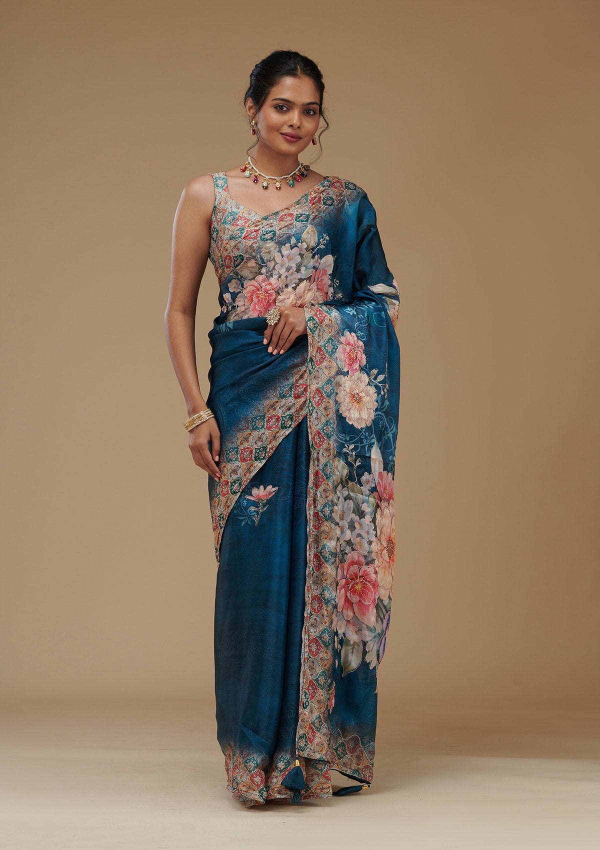 Koskii Peacock Blue Printed Tissue Saree – Women's