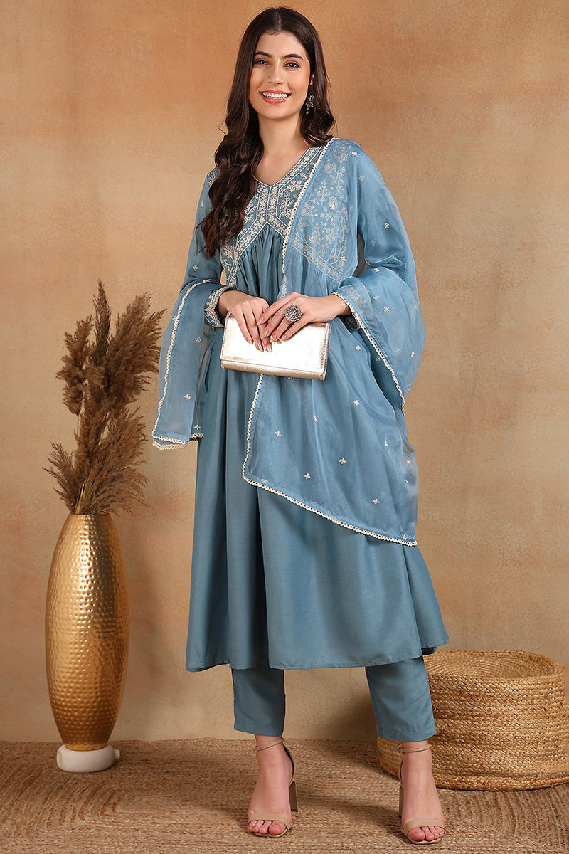 Ahika Blue Silk Blend Solid Embroidered Anarkali Suit Set PKSKD2013