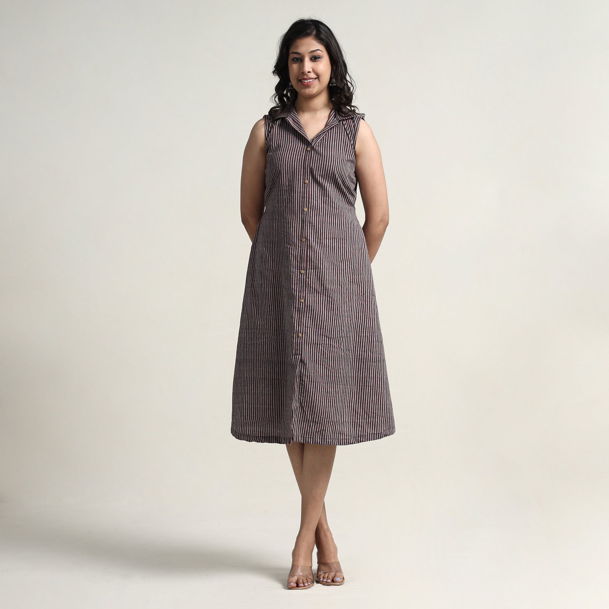ITOKRI CASUALS Brown - Plain Handloom Cotton Collared Neck Buttoned Down Dress
