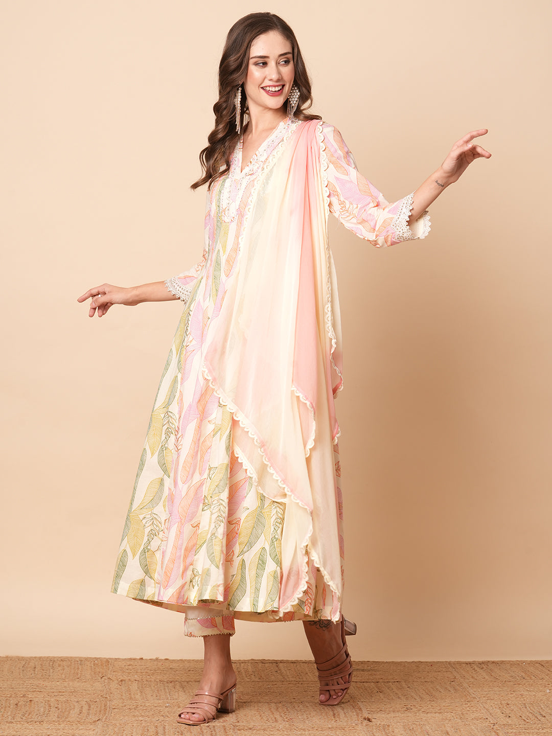 Fashor Abstract Floral Printed & Embroidered Anarkali Kurta with Pant & Dupatta - Off White