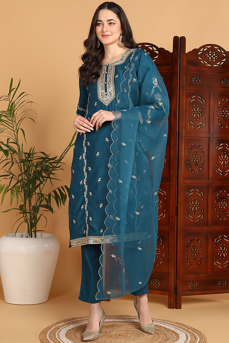 Ahika Teal Silk Blend Ethnic Motifs Embroidered Straight Suit Set PKSKD2198 - view 6