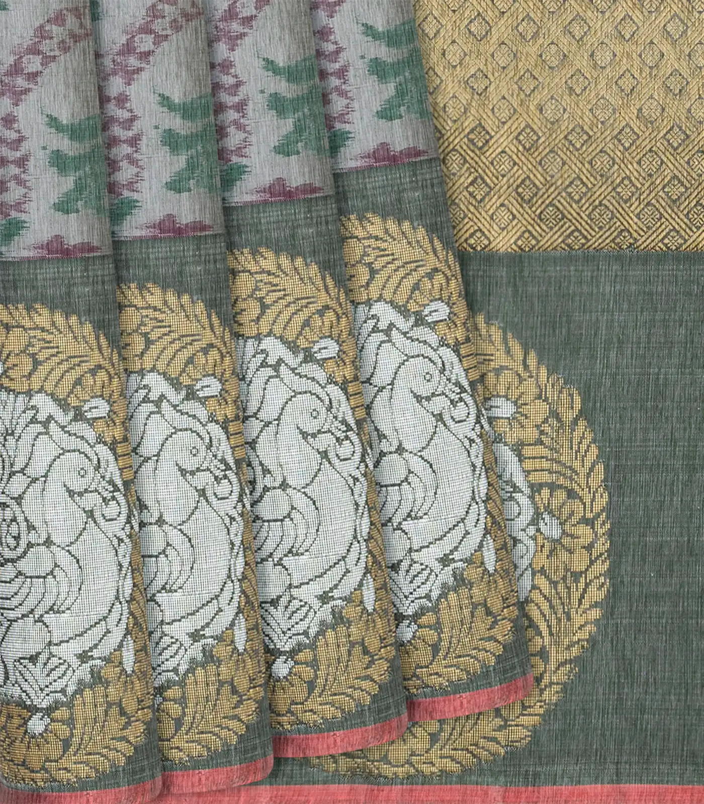 RmKV Grey Handloom Kanchipuram Silk Saree With Tie & Dye Floral Motifs-Grey