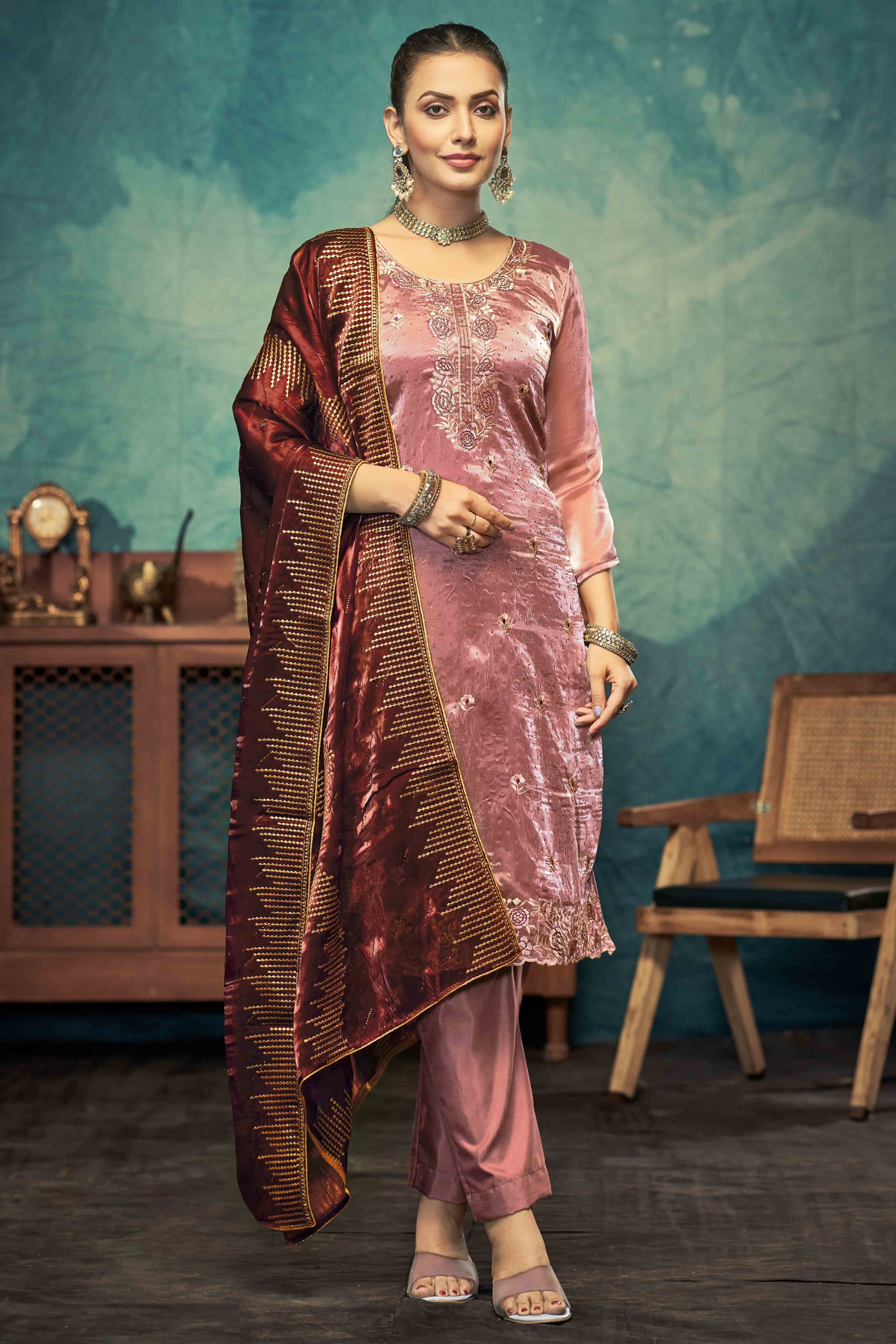 Peachmode Dusty Rose Pink Floral Embroidery With Swarovski Work Jimmy Choo Tissue Semi Stitched Suit