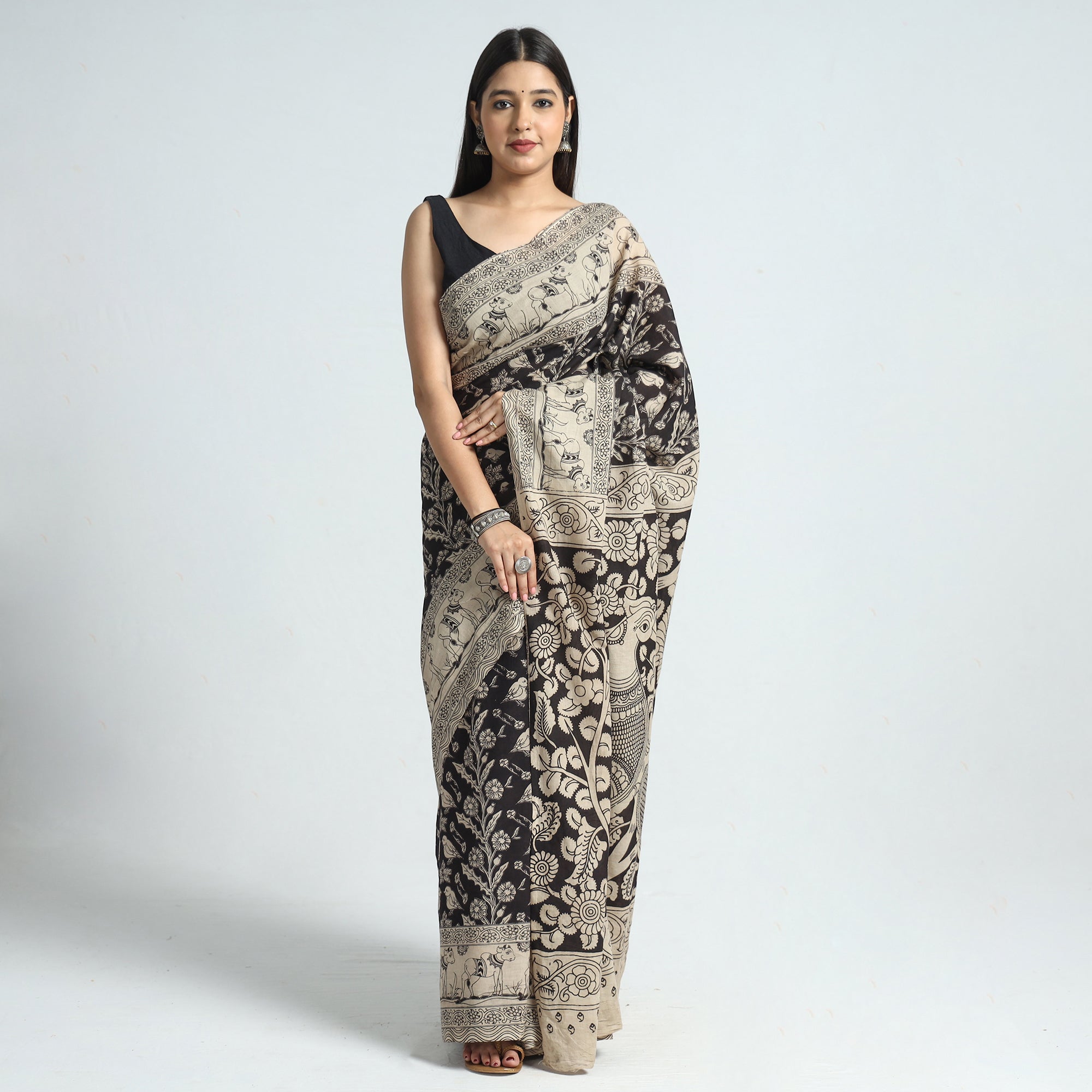 SOUTH KARGHA Black - Kalamkari Printed Cotton Saree with Blouse Piece 11