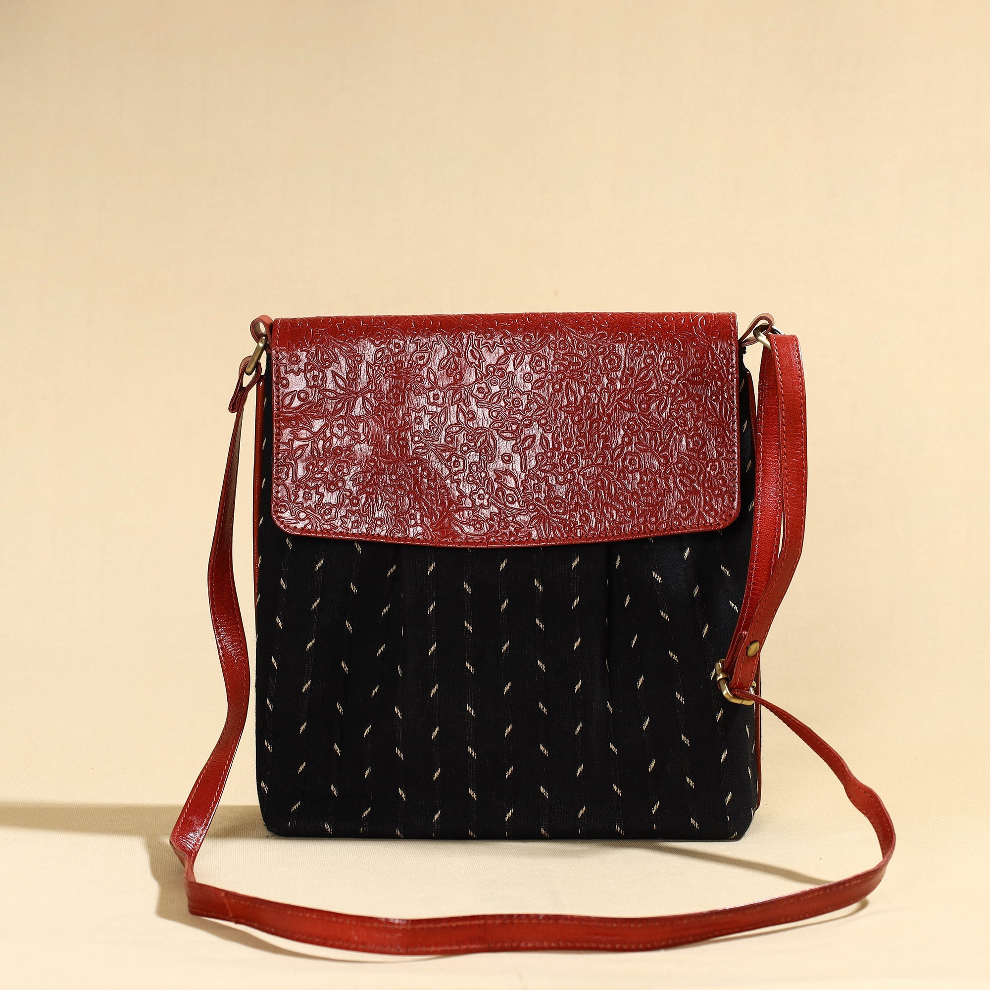 ASALKAAR Black - Handcrafted Jacquard Fabric Sling Bag with Embossed Leather Flap - view 2