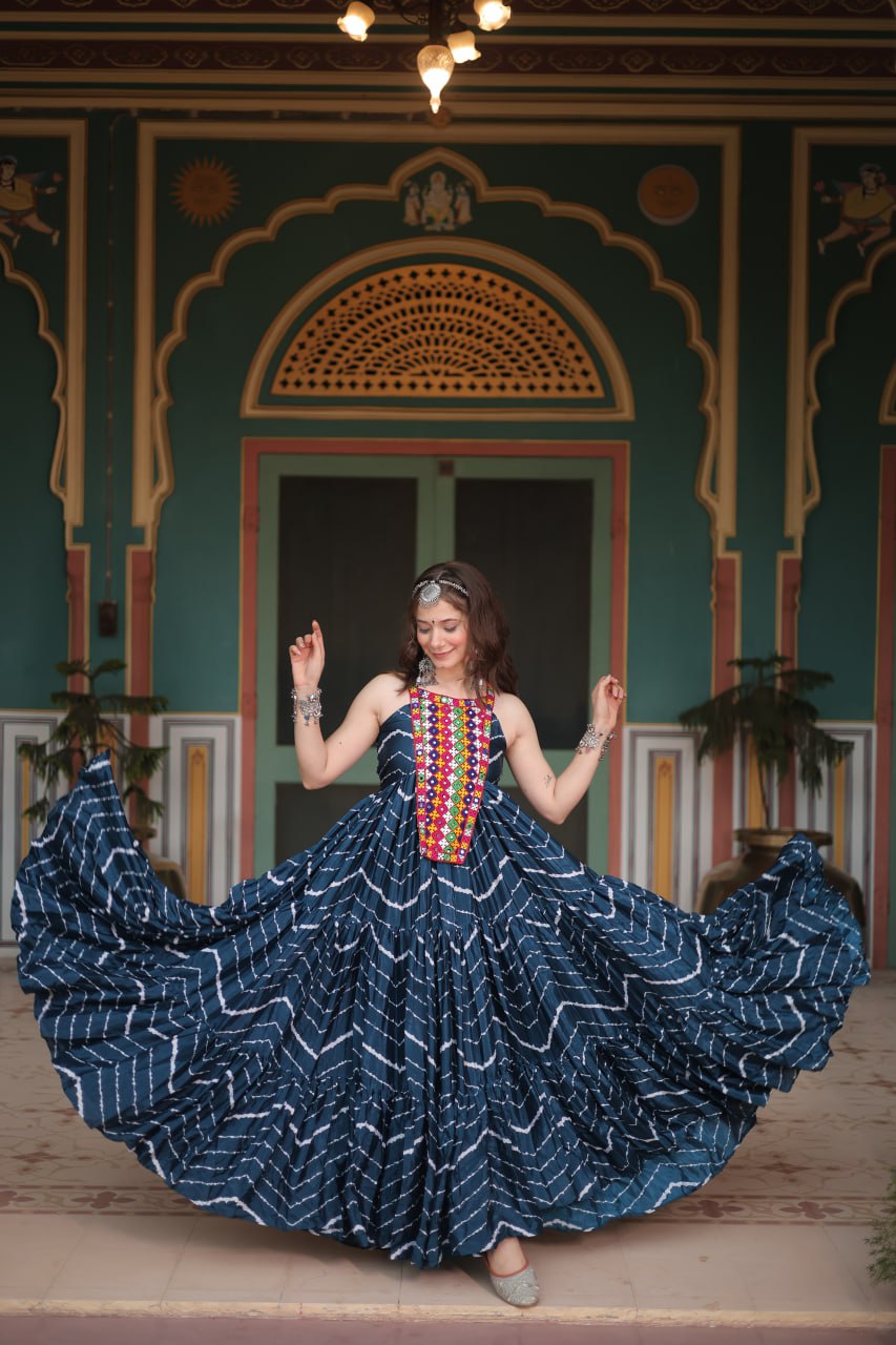 ClothsVilla Navy Blue Graceful Leheriya Print Gown with Kutchi Patchwork - view 3