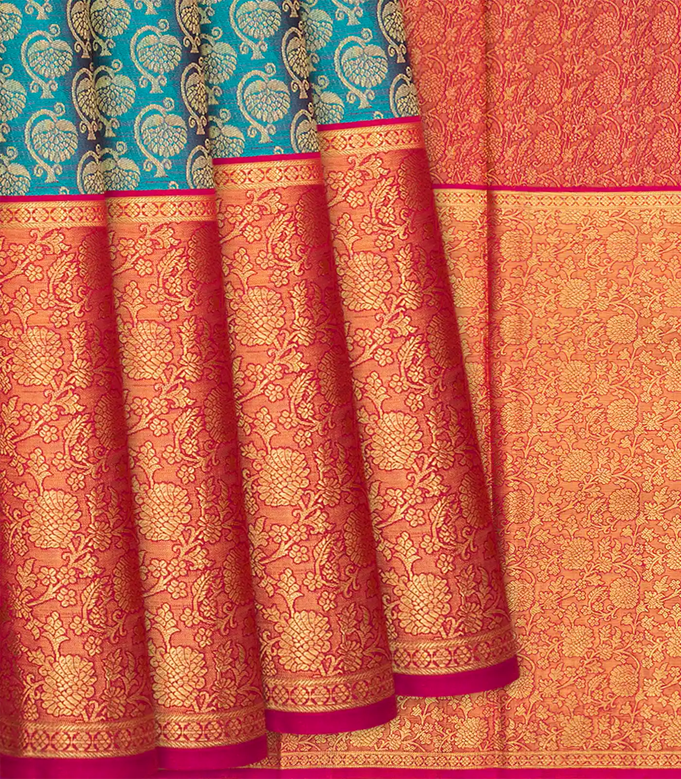 RmKV Cyan Handloom Kanchipuram Korvai Silk Saree With Floral Motifs-Cyan
